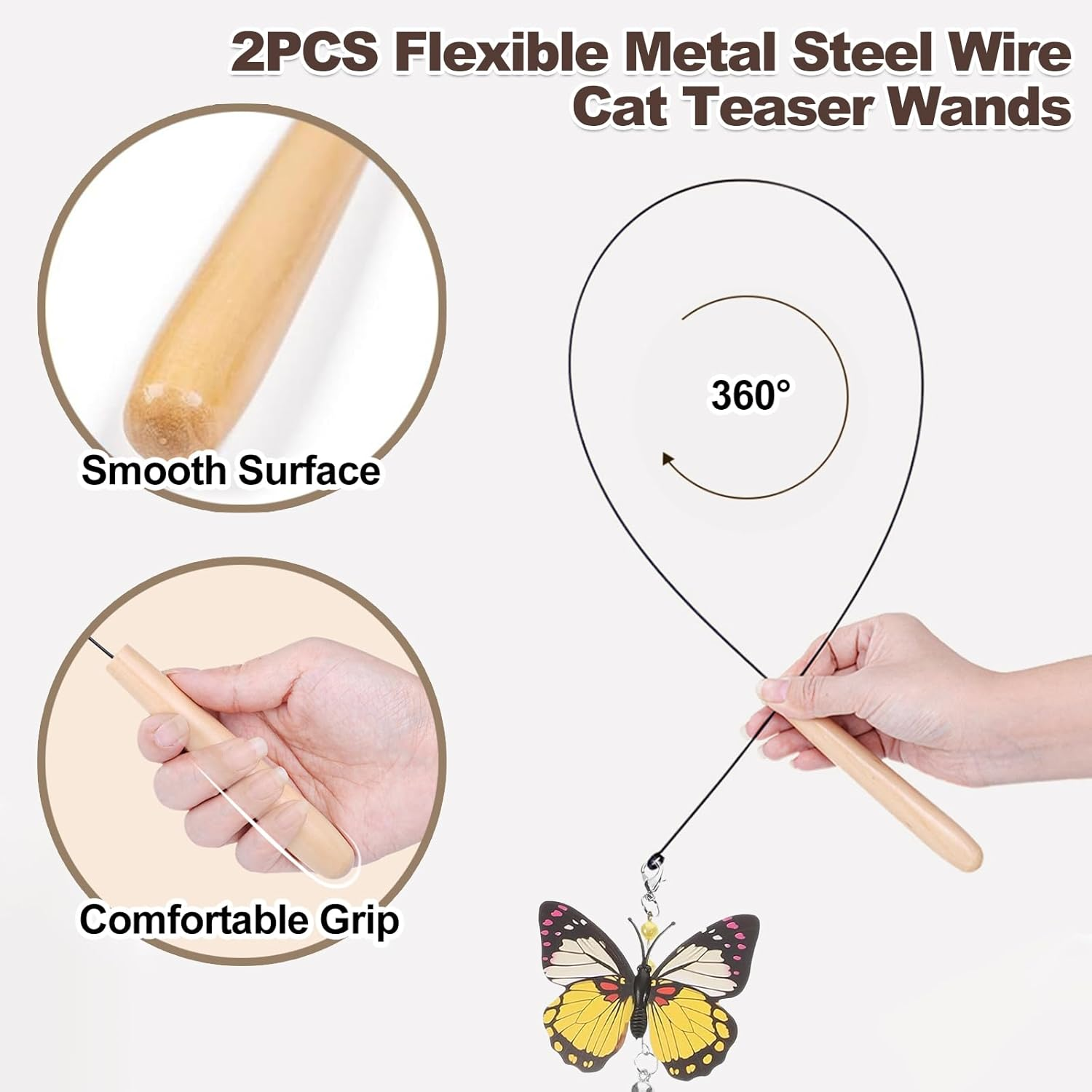 Adpartner Cat Wand Toys, 10-Pack Cat Teaser Toys with 8Pcs Replacement Feathers Butterflies & 2Pcs Flexible Steel Wire Teaser Wands, Interactive Cat Feather Toys with Bells for Play Chase Exercise image number 5