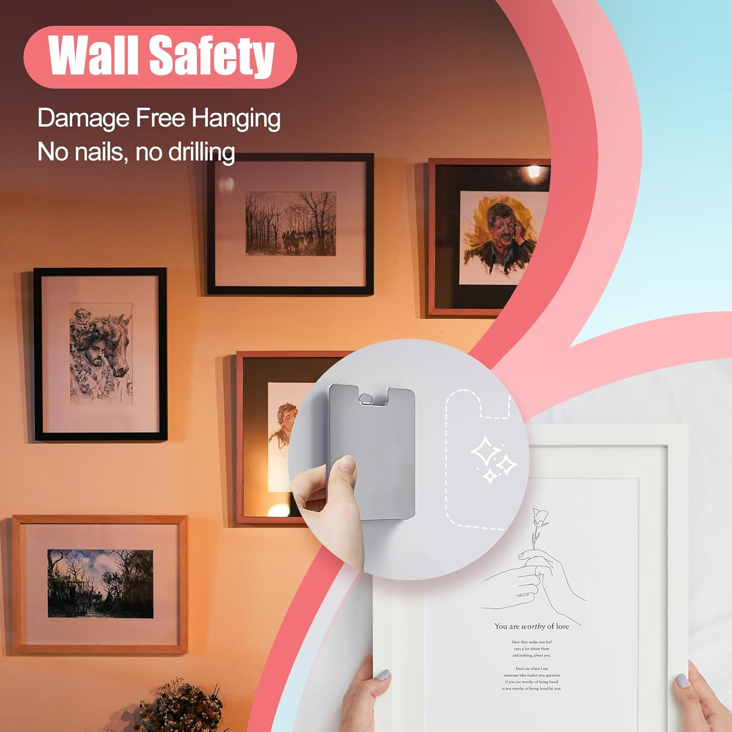 PHIXBEAR Metal Picture Frame Hangers Damage Free Hanging, Picture Hanging Hooks No Damage to Wall Paint, Sawtooth Picture Wall Hangers without Nails, Picture Hanging Strips Hardware Kit, 4 Pack image number 6