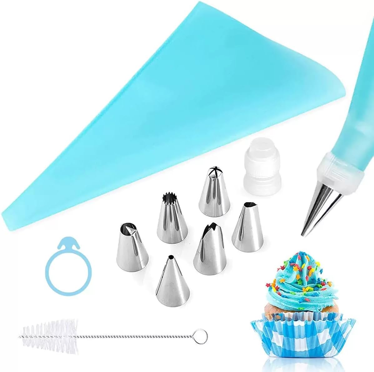 Silicone Piping Bags, 6 Pcs Stainless Steel Nozzles Set with Coupler, 30Cmx17Cm-1 Reusable Icing Piping Bag with Cleaning Brush for Decorating Cakes, Pastries & Cupcakes (Pack of 10) image number 6
