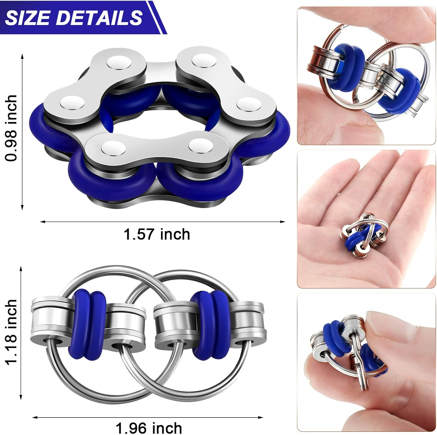 4 Pieces Fidget Toy Set Includes 2 Pieces Key Flippy Chain Stress Reducers and 2 Pieces Six Roller Chain Fidget Toy for Adults and Teens Stress and Anxiety Relief (Blue, Black) - Black,Blue image number 4