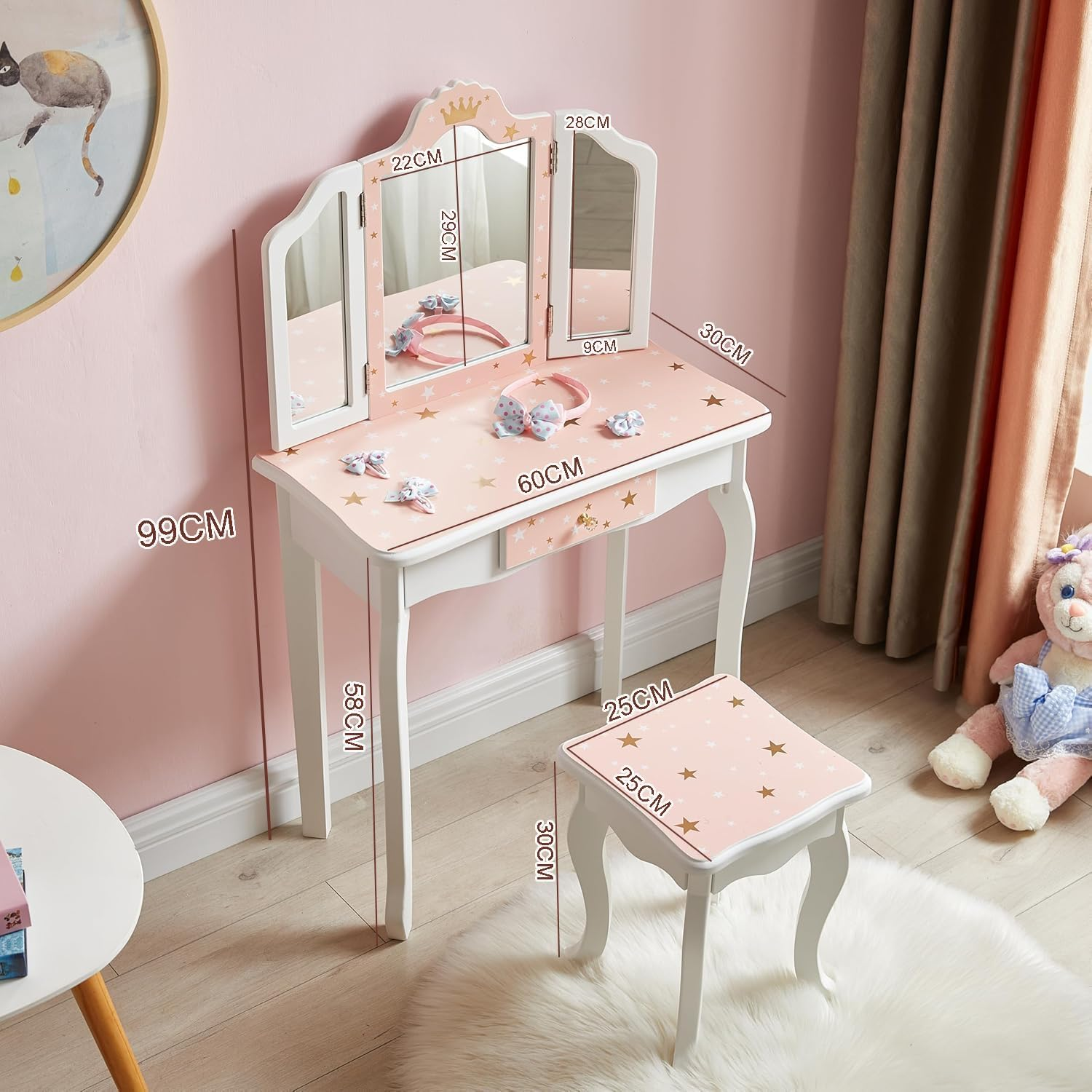 Kids Vanity Table and Chair Set, Princess Makeup Dressing Table with Detachable & Tri-Folding Mirror & Drawer, Anti-Tipping, 2 in 1 Kids Dresser for Kids Room, Christmas & Birthday image number 6