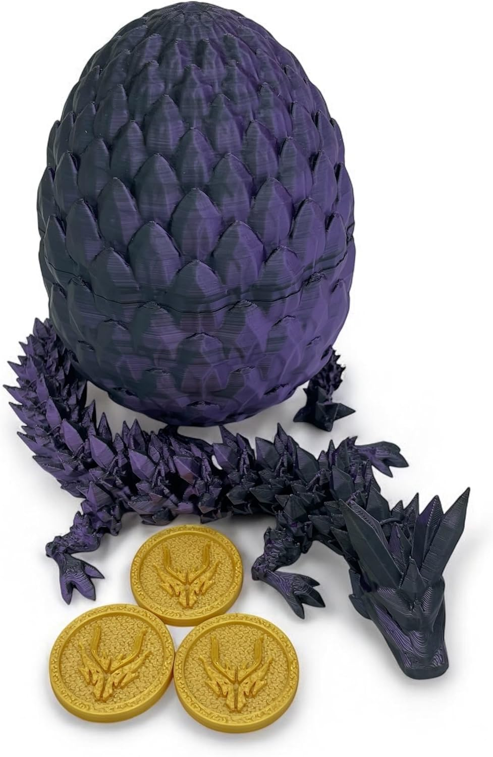 3D Printed Egg with Dragon Inside, Large Crystal Dragon in Scaled Egg with Lucky Coins, Full Articulated Figurine for Adults with ADHD, Autism, Stress and Anxiety Relief (Purple and Black) image number 4