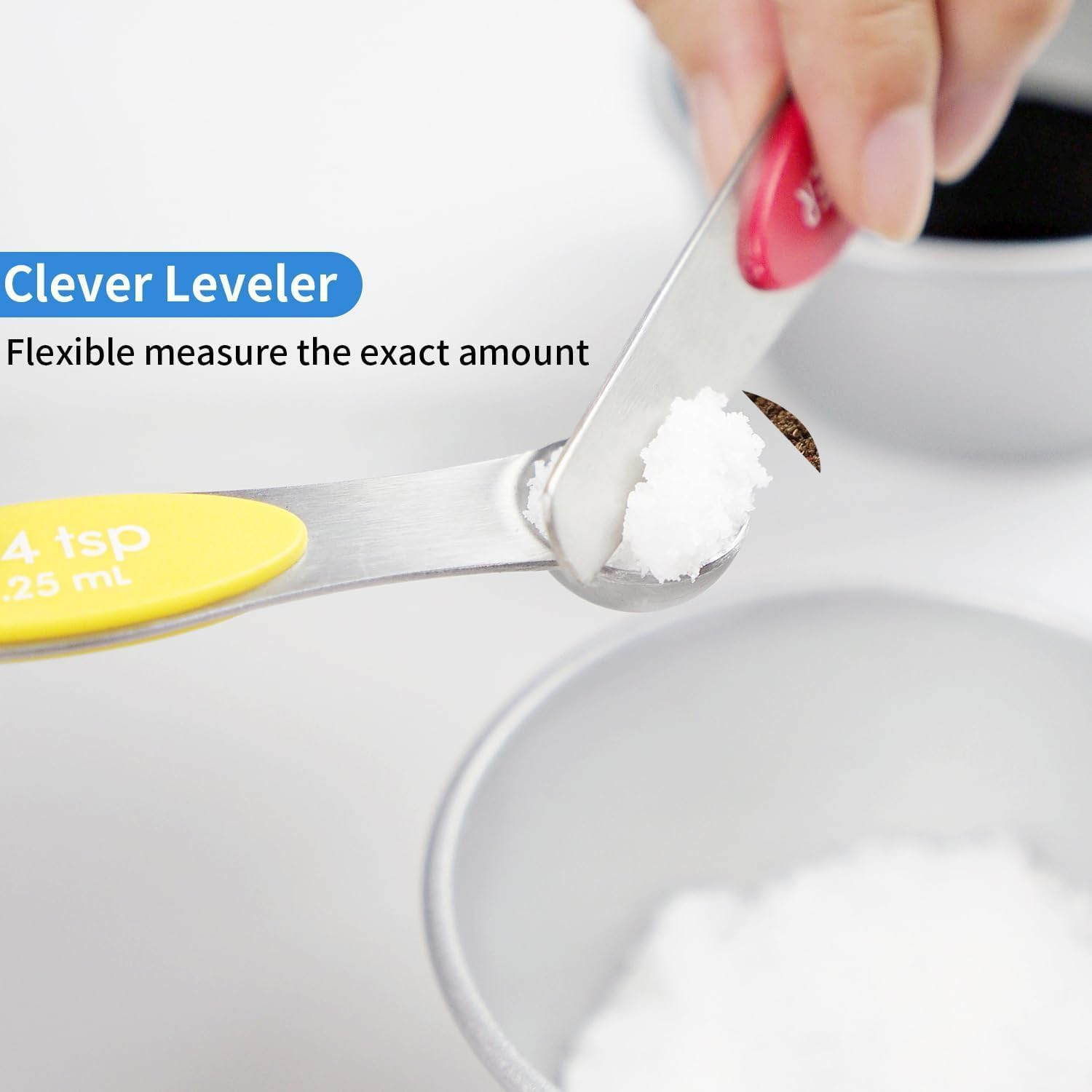 HEXPAN Stainless Steel Magnetic Measuring Spoons Set with Strong N45 Magnets, Heavy Duty Metal Kitchen Gadgets for Baking & Cooking, Fits in Most Kitchen Spice Jars, Set of 8 with Leveler (Color) - Black image number 7