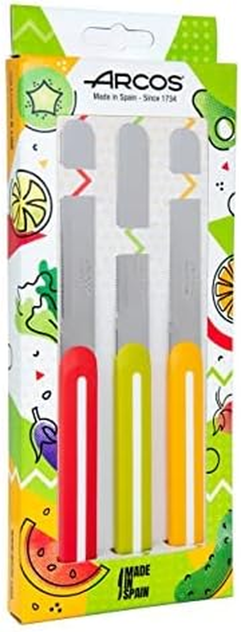 Arcos Paring Knife Set of 3 Pieces 4 Inch Stainless Steel. Colorful Kitchen Knives for Peeling Fruits and Vegetables. Ergonomic Polypropylene Handle. Serie B-Line. Color Orange, Red and Green. image number 1