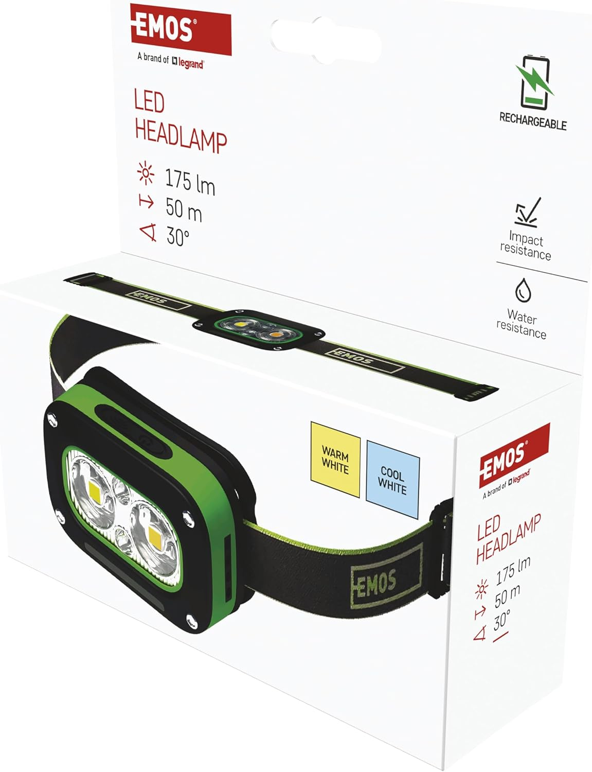 EMOS - Rechargeable Headlamp with Motion Sensor and 5 Light Modes - Brightness 175Lm, Beam Range 50M, Light Duration 4.5 H - Weatherproof, Shock Resistant - Li-Pole Battery 800Mah - Outdoor - Black image number 1