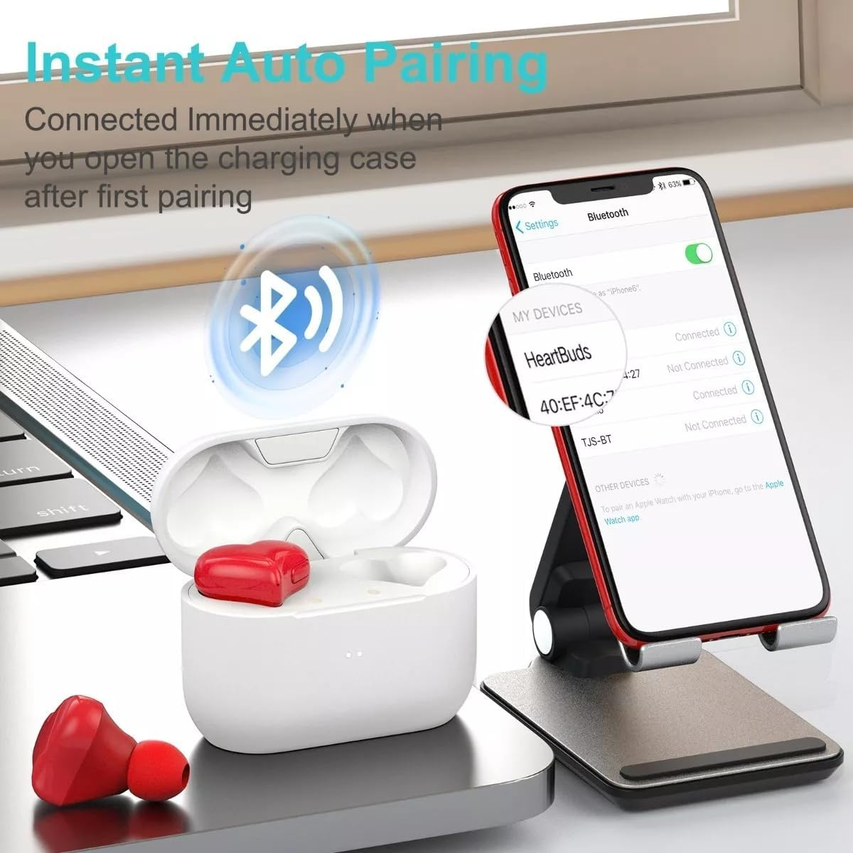 GOWENIC Wireless Earbuds, Wireless Bluetooth Headphones with Stereo Sound with Noise Cancellation, Heart-Shaped Design and 3 Pairs of Headphones image number 3