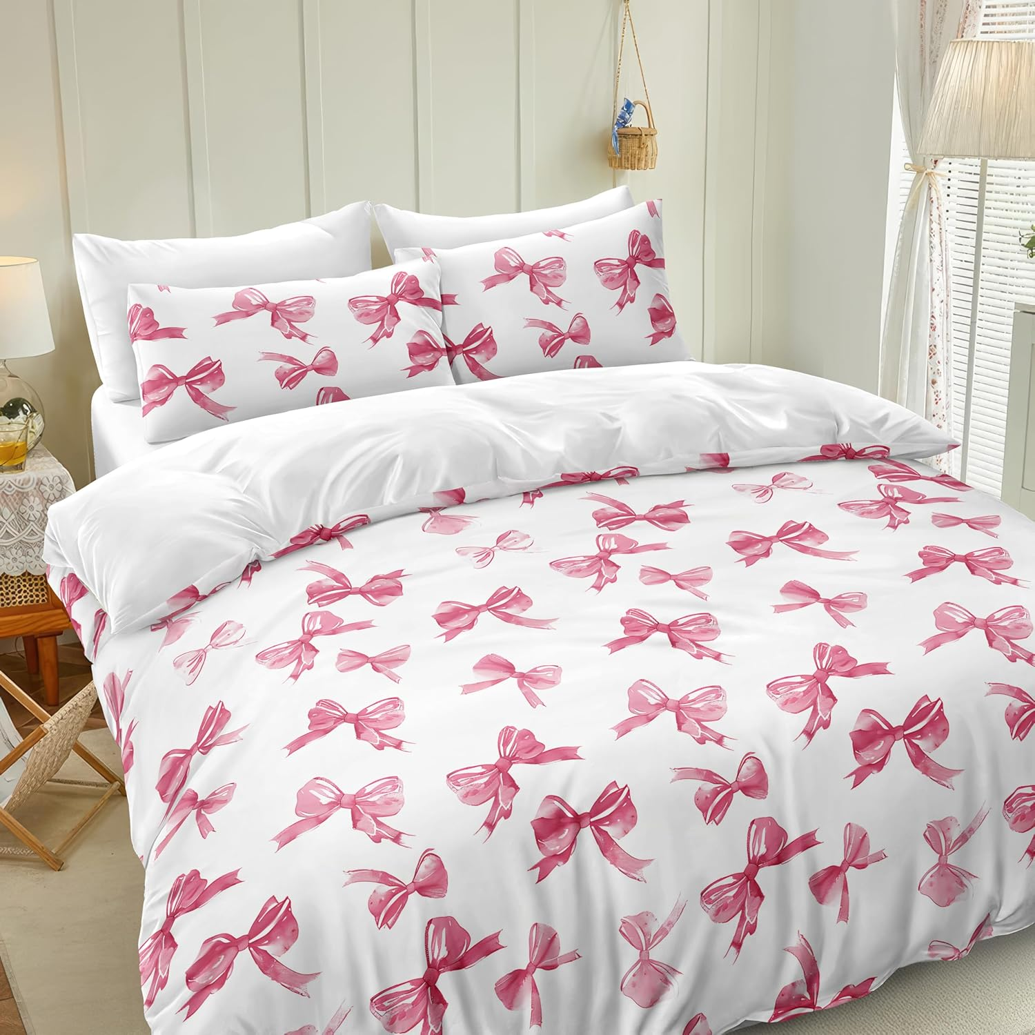 Herside Girls Pink Duvet Cover Set Super King Pink Kawaii Bowknot Design Ultra Soft Microfibre Easy Care Bedding Set 3 Pieces Quilt Cover for Adult Women Bedroom Decor with Zipper Closure image number 3