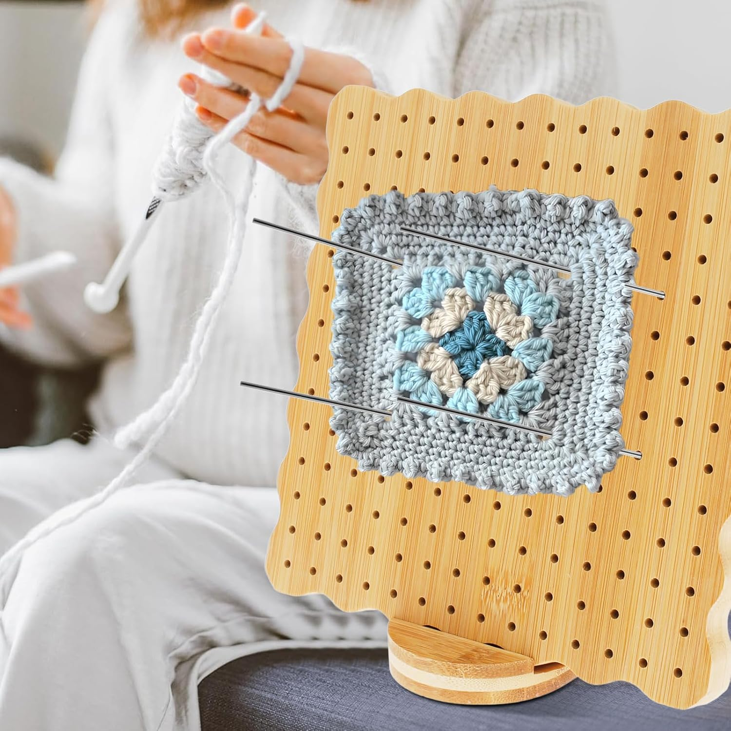 Abizarch Crochet Blocking Board with Oval Base 7.7In Granny Square Blocking Board 196 Holes Wood Blocking Board Knitting Crochet Board with 20 Steel Rod Pins 5 Needles for Knitting Crochet DIY Crafts image number 4