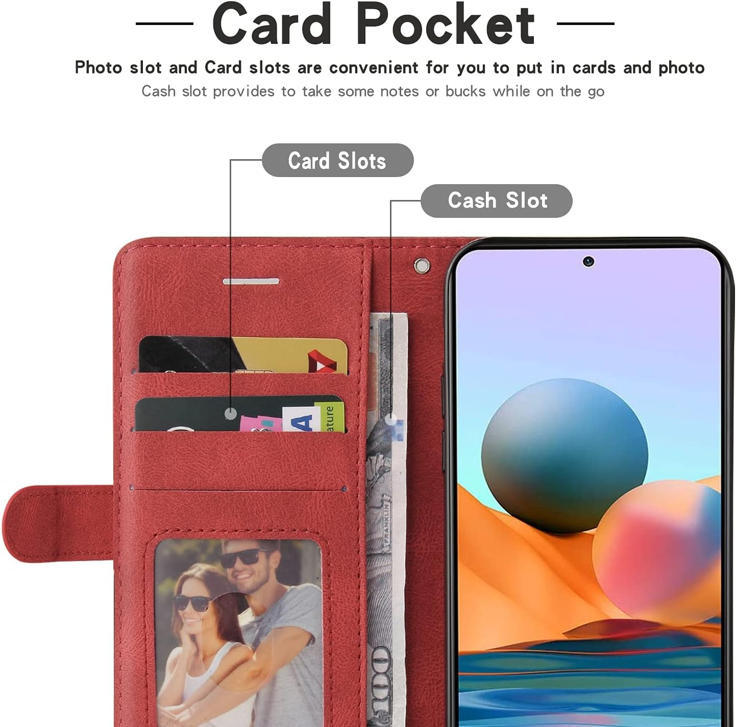 XINNI Protective Phone Case for Xiaomi 14T, PU/TPU Vintage Flip Leather Shockproof Cover Magnetic Book Style Wallet, Red image number 6