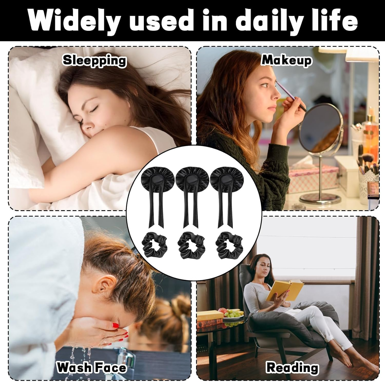 Jazrvr Silk Bonnet for Sleeping, Silk Sleep Cap, Set of 6 Including 3 Black Silk Bonnets and 3 Hair Bobbles 36 Cm, Hair Protection for the Night image number 6