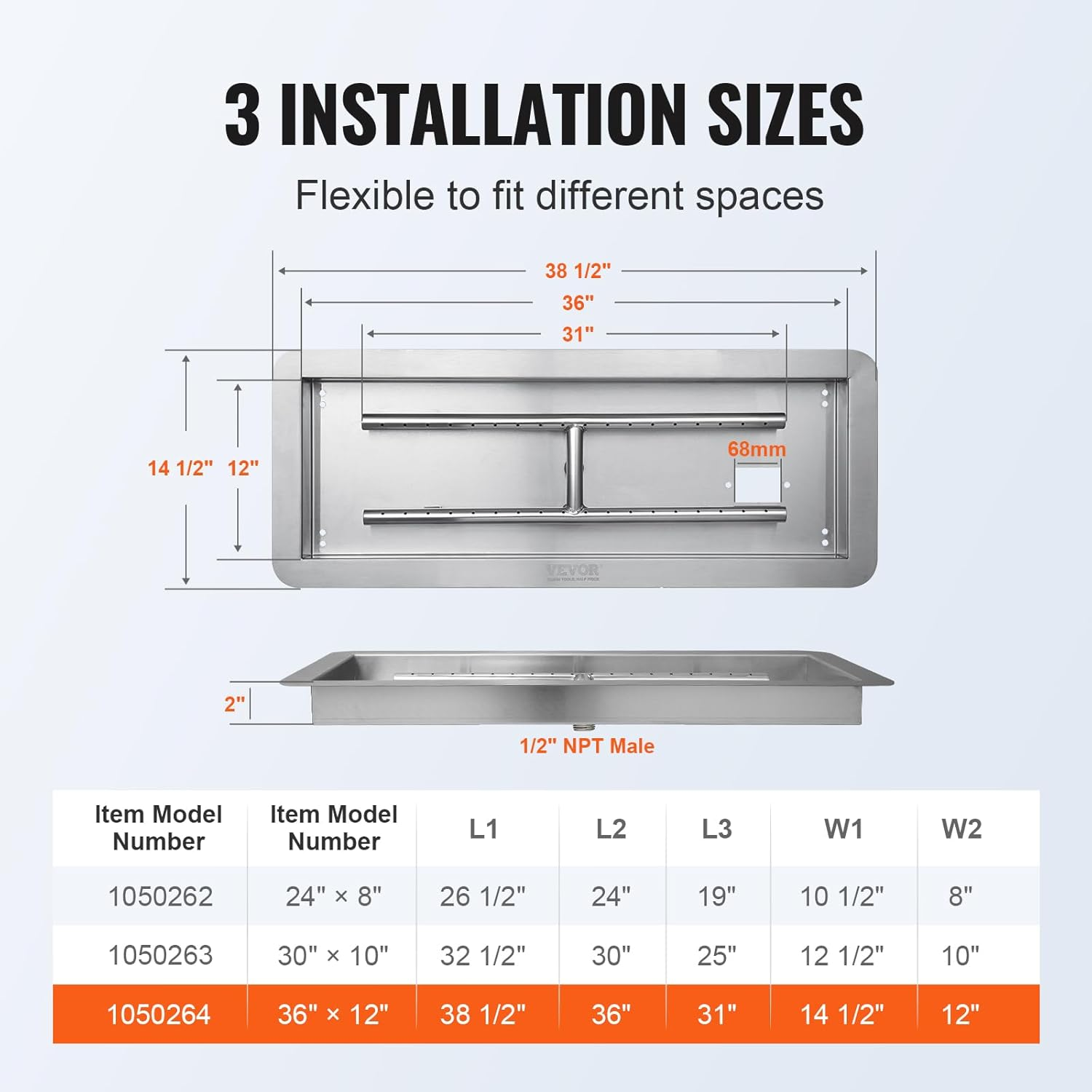 VEVOR 36 X 12 Inch Drop-In Fire Pit Pan, Rectangular Stainless Steel Fire Pit Burner Kit, Natural & Propane Gas Fire Pan 150,000 BTU with H-Burner for Indoor or Outdoor Use image number 4