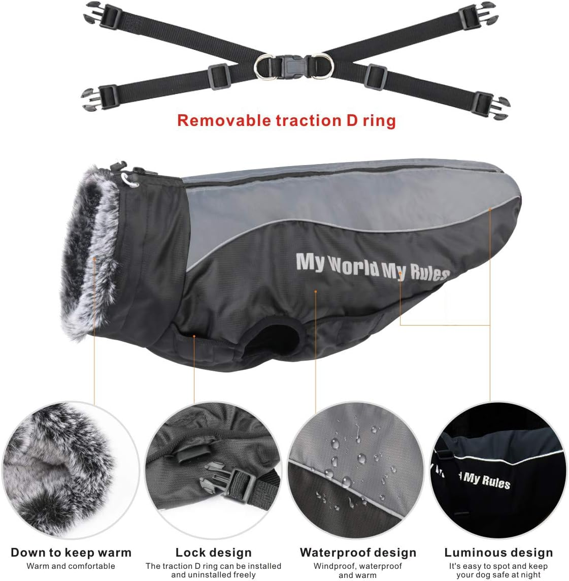 Idepet Dog Coat Warm Jacket, Reflective Pet Snowsuit Outdoor Sport Waterproof Dog Clothes Outfit Vest for Medium Large Dogs with Harness Hole image number 3