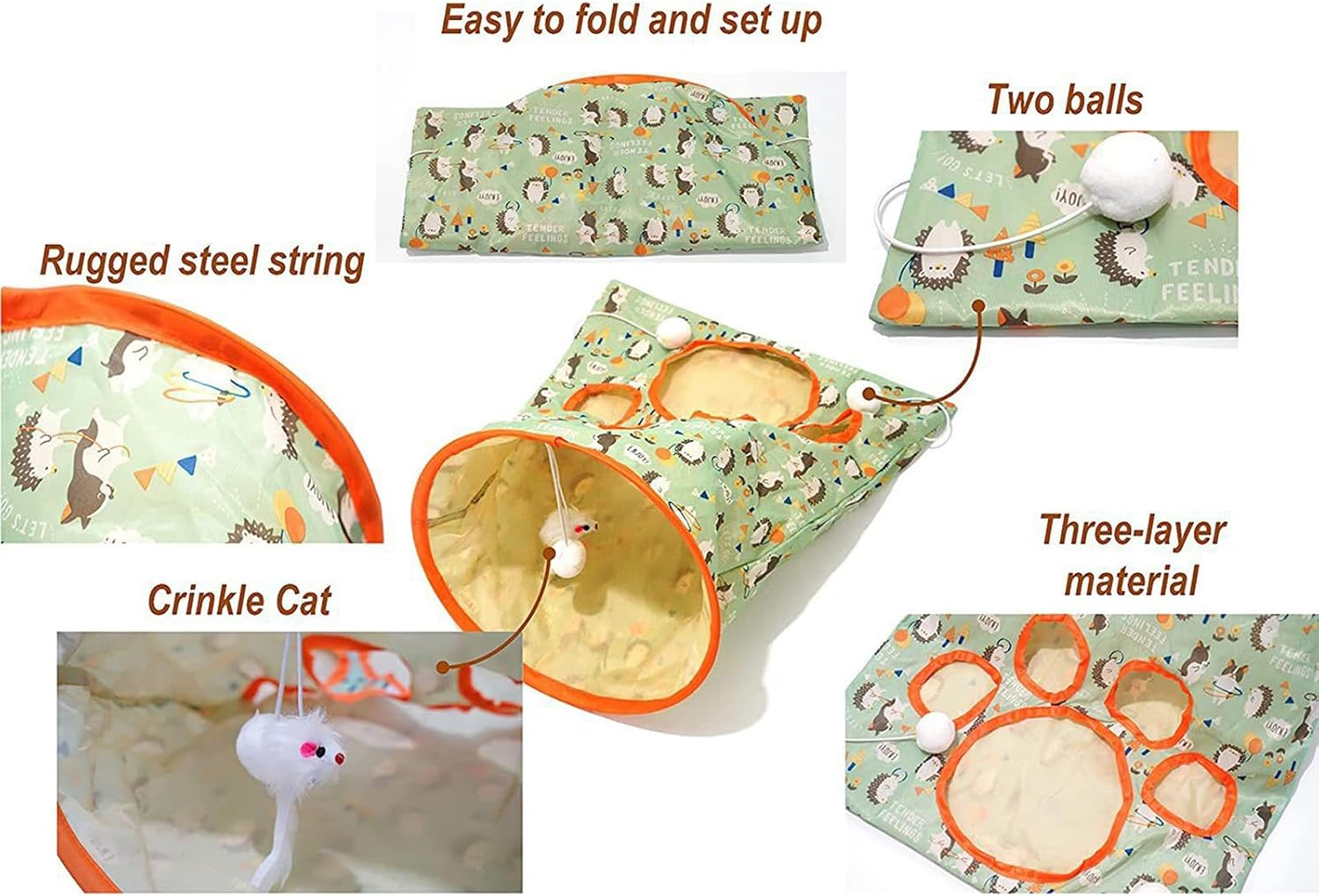 Cat Tunnel Toy, with 1 Little Mouse & 3 Toy Ball, Kitty Pet Collapsible Tunnel Crinkle Sack Bag Self Hide and Seek Play for Indoor Peekaboo Interactive Smarty Cat Cave Toy. (Green and Orange) - Light Green image number 7