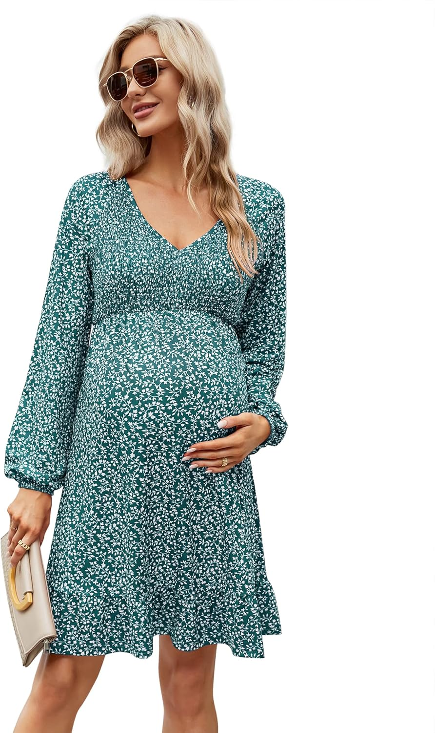 Coolmee Short Sleeve Maternity Dress Ruffle Boho Dress Button Smocked Summer Casual Flowy Maxi Dress Baby Shower Photoshoot image number 1