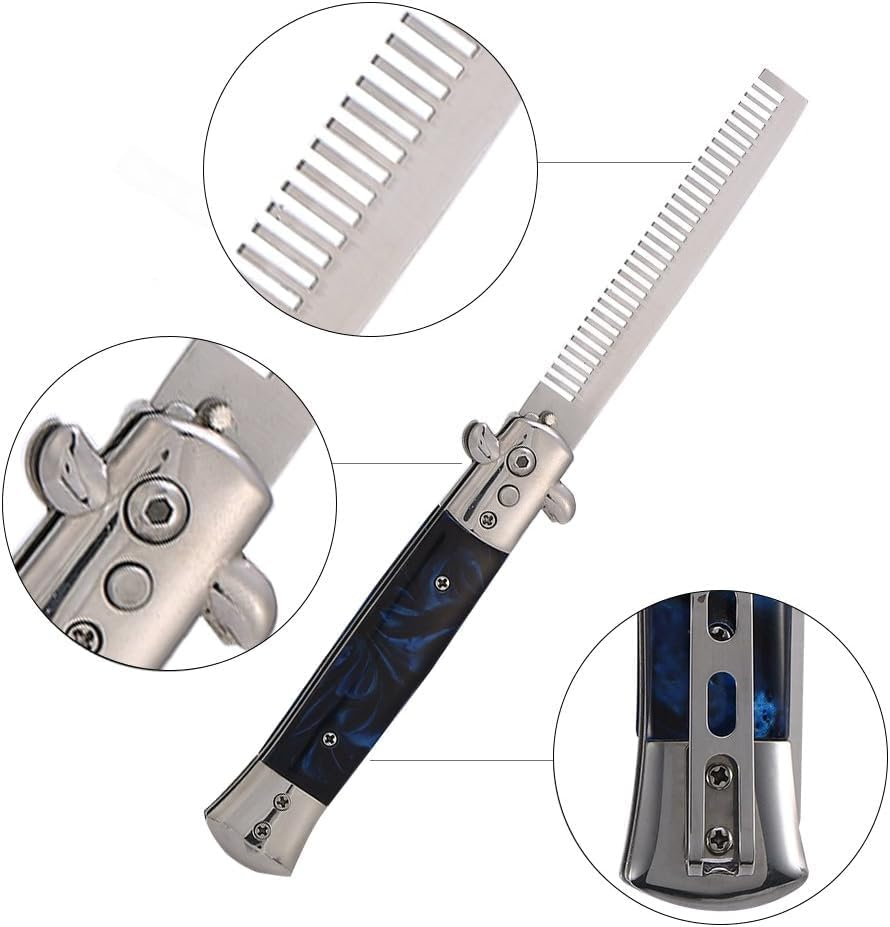 Switchblade Spring Folding Push Button Pocket Comb, Foldable Automatic Stainless Steel Hair Trimmer Combs, Men Oil Hair Styling Accessories(Brown) image number 2