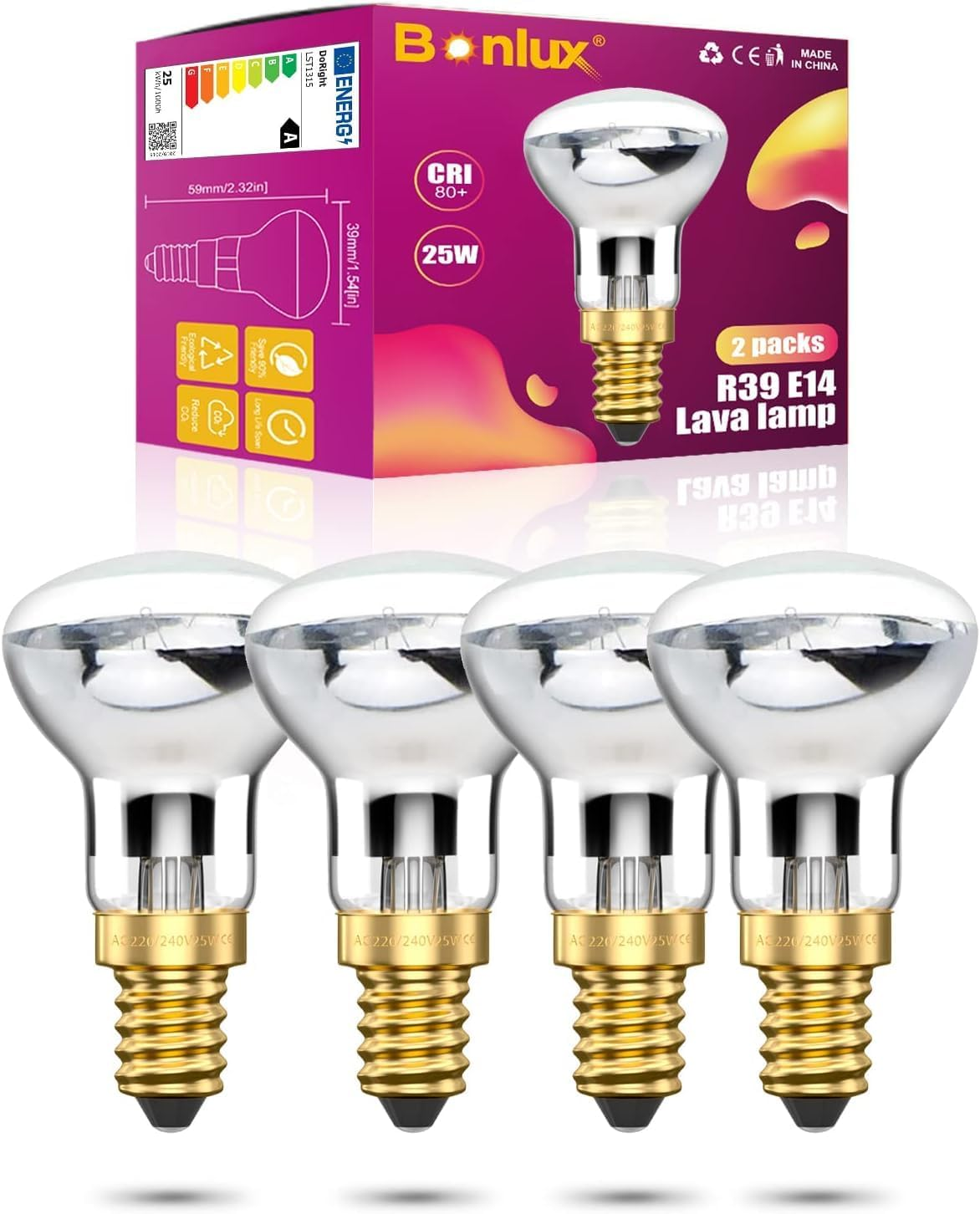 Bonlux R39 E14 Reflector Bulbs Spot Lights Lava Lamp 25W Super Bright Small Edison Screw Base SES Energy Saving Light Bulbs Warm White 2400-2600K 360 Degree Wide Beam Angle 240V Dimmable (4-Pack) image number 6