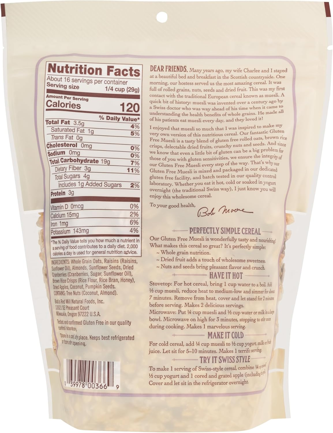 Bob'S Red Mill Gluten Free Muesli Cereal, 16-Ounce (Pack of 4) image number 1