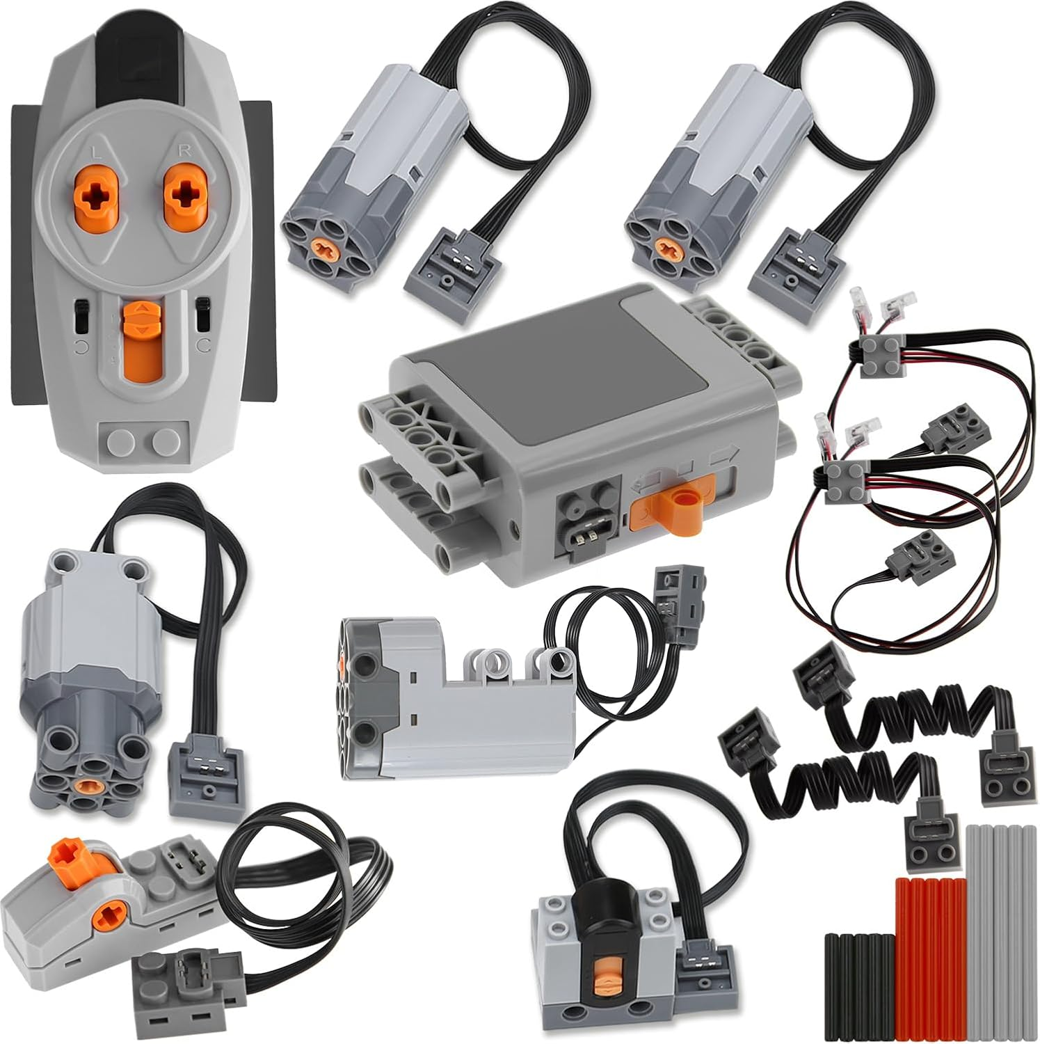 TEESE 27Pcs Technic-Motor Set with Motor-Remote Control-Receiver, Battery-Box-Switch-Light-Cable, Compatible with Technic-Parts