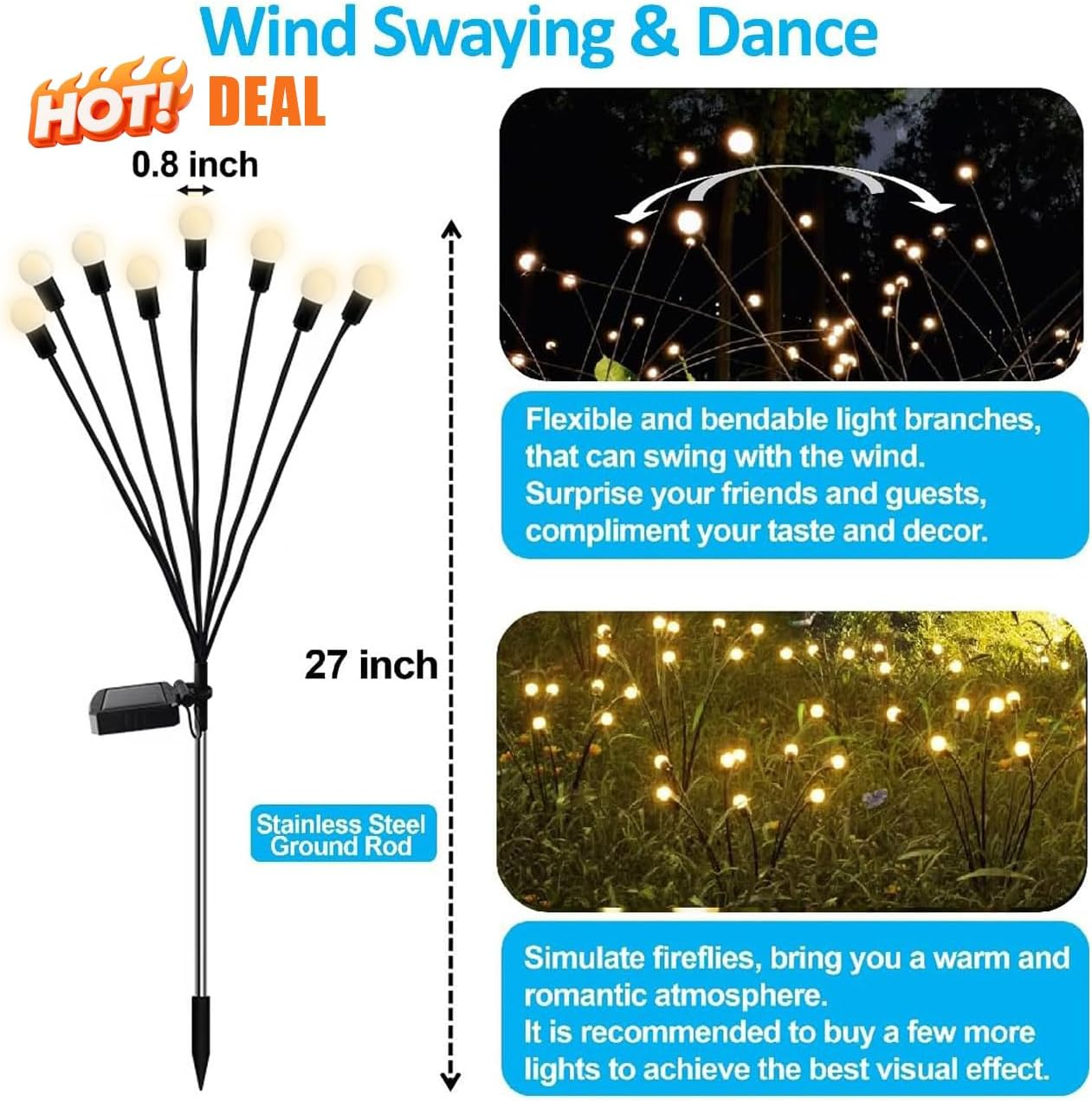 Solar Garden Lights 4 Pack Waterproof IPX5, 32 Led Solar Outdoor Lights Outdoor, Firefly Lights, Wind Swaying Dancing Light, Outdoor Decorations Light(4Pack 8Led) image number 2