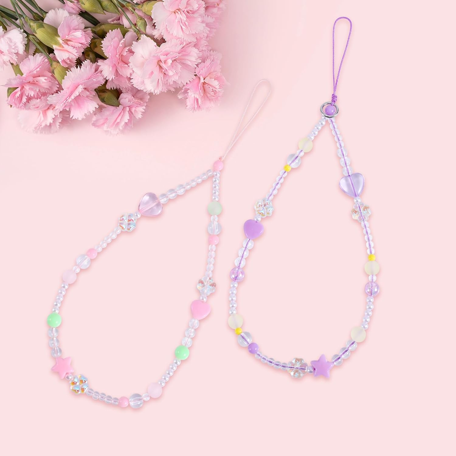 Mikovivi 2Pcs Beaded Phone Bracelet Strap, Love Four-Leaf Mobile Phone Chain Wristband Lanyard Anti-Lost Bracelet for Women Keychains Pendant Wallets Cameras Decoration, Medium, Resin, No Gemstone image number 3