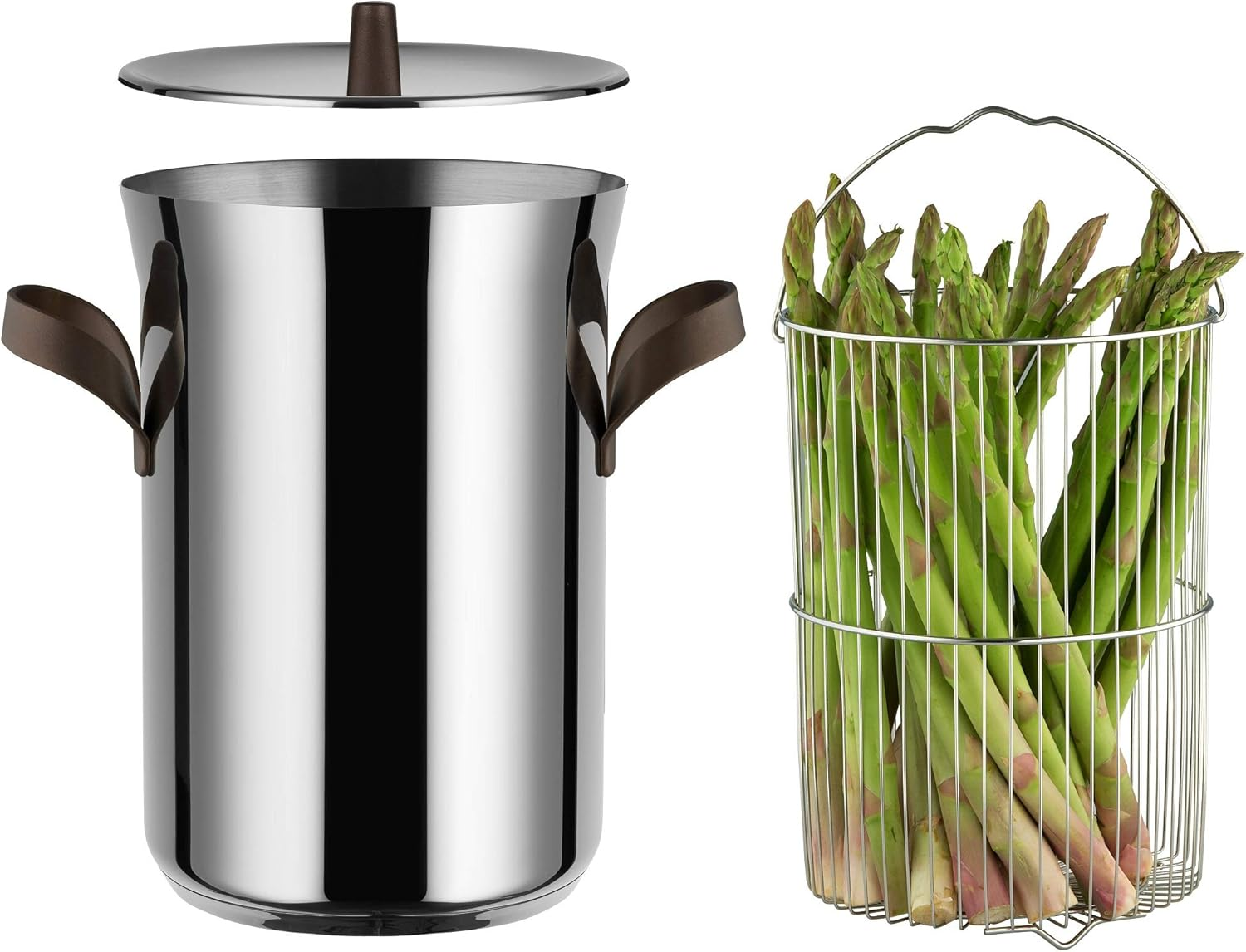 Alessi Edo PU309, Asparagus Steamer with Basket and Lid in 18/10 Stainless Steel. Handles in 18/10 Stainless Steel with PVD Coating, Brown. Magnetic Steel Bottom Suitable for Induction Cooking. image number 1