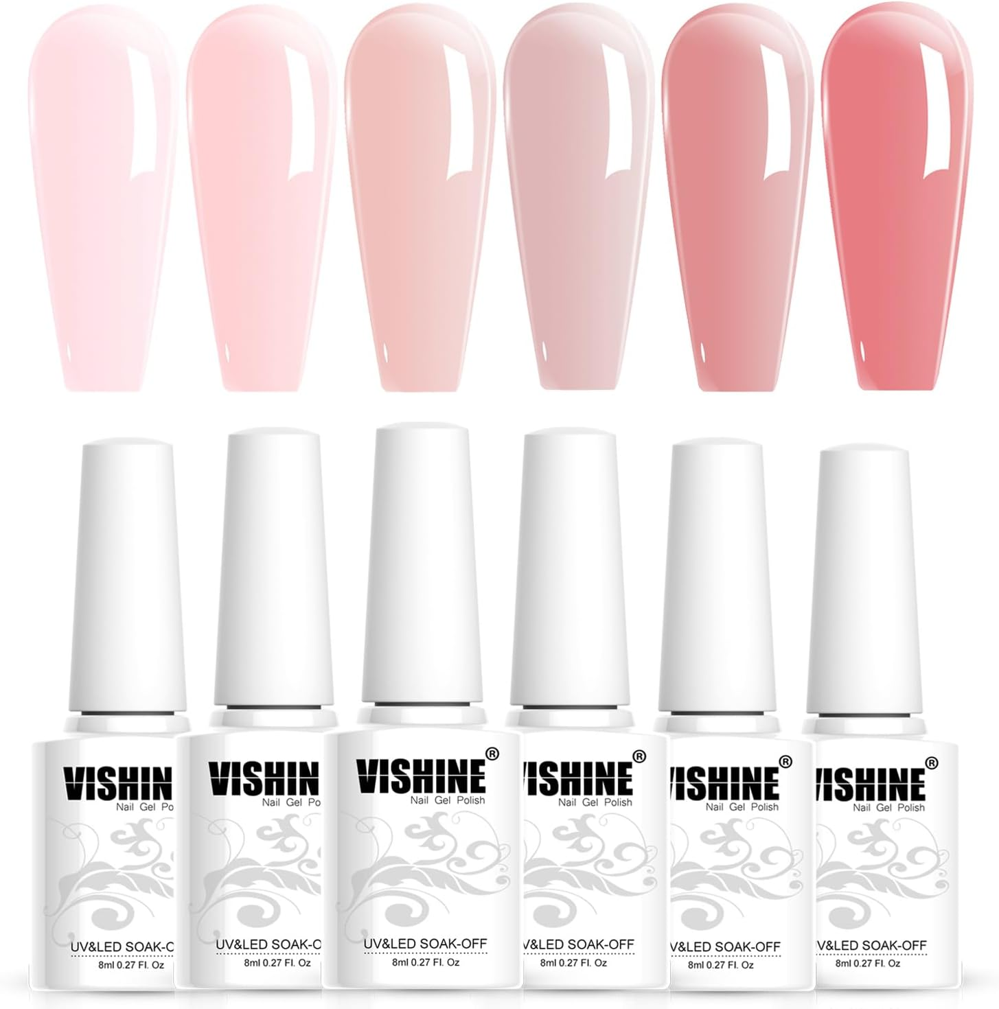 Vishine Nude Gel Polish Kit, Sheer Milky Pink Jelly Transparent Gel Nail Polish UV LED Gel Nail Gel Polish Varnish Nail Art DIY Saon 6Pcs 8ML
