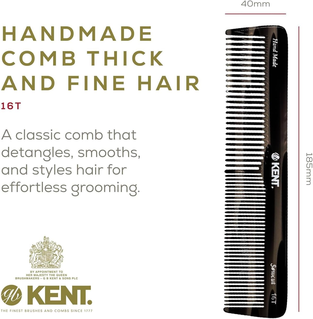 Kent 16T Black Graphite Fine and Wide Tooth for Daily Grooming,Handmade Styling Comb for All Hair Types,Wet or Dry Hair Detangling Comb for Men and Women,Saw Cut Hand Polished,Made in England image number 2
