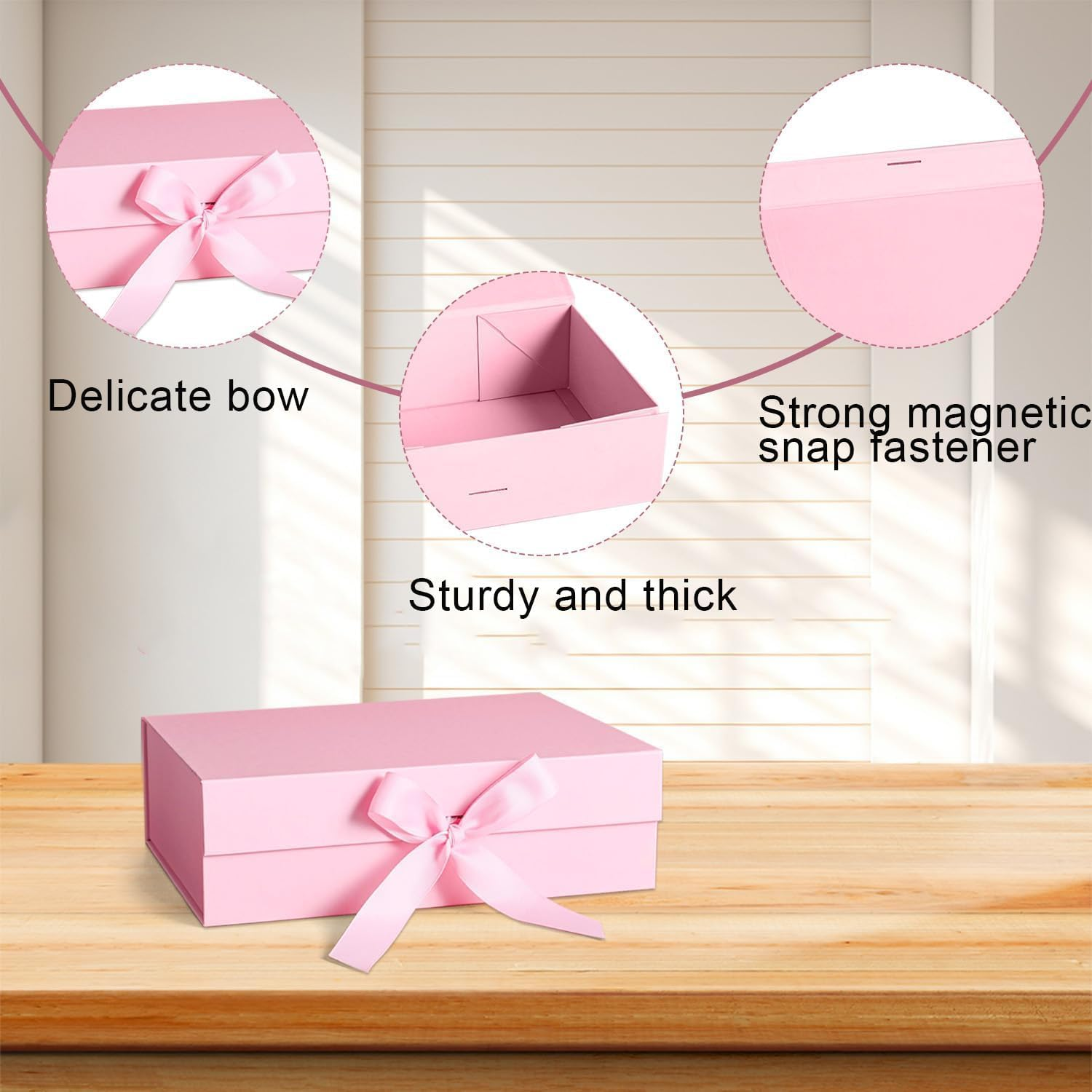 4 Pack Pink Magnetic Gift Boxes with Lids (10.3X7.5X3.2In),Wady Foldable Reusable Bridesmaid Gift Box with Ribbon, Makeup Storage Box, Easy to Assemble & Durable image number 3