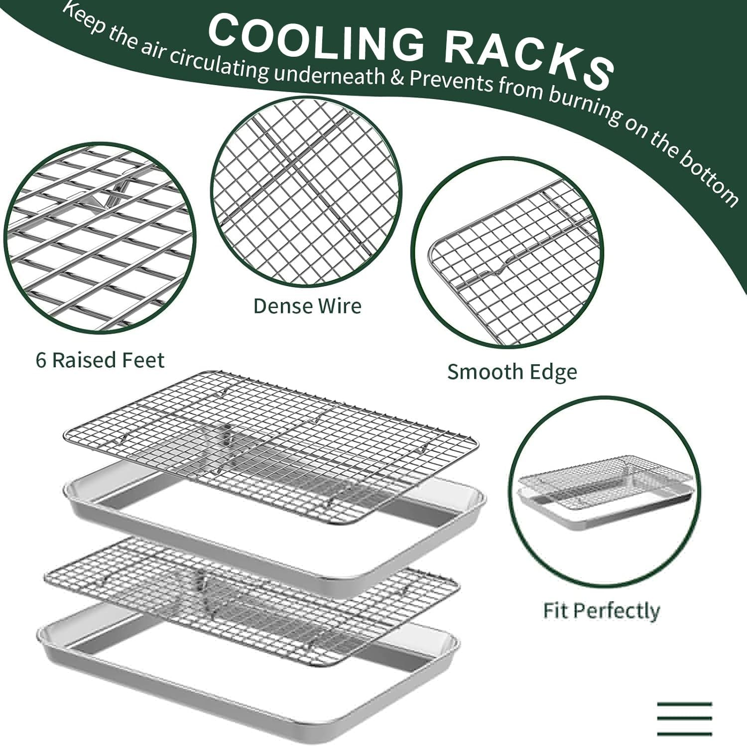 Quarter Sheet Pan with Cooling Rack Set [2 Baking Sheets + 2 Baking Racks], Stainless Steel Cookie Sheets for Baking and Wire Rack - Rust & Warp Resistant & Nonstick, Size 12 X 9.8 X 1 Inch image number 5