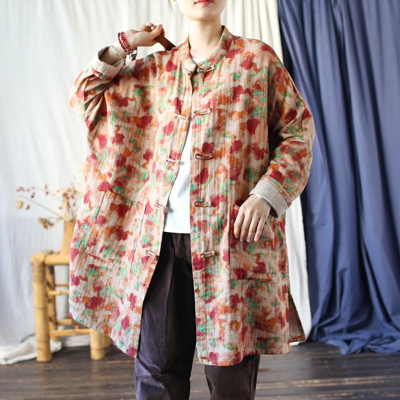 Stand Collar Women'S Spring Chinese Vintage Jacket Loose Fit Long Sleeve Top Frog Buttons image number 3