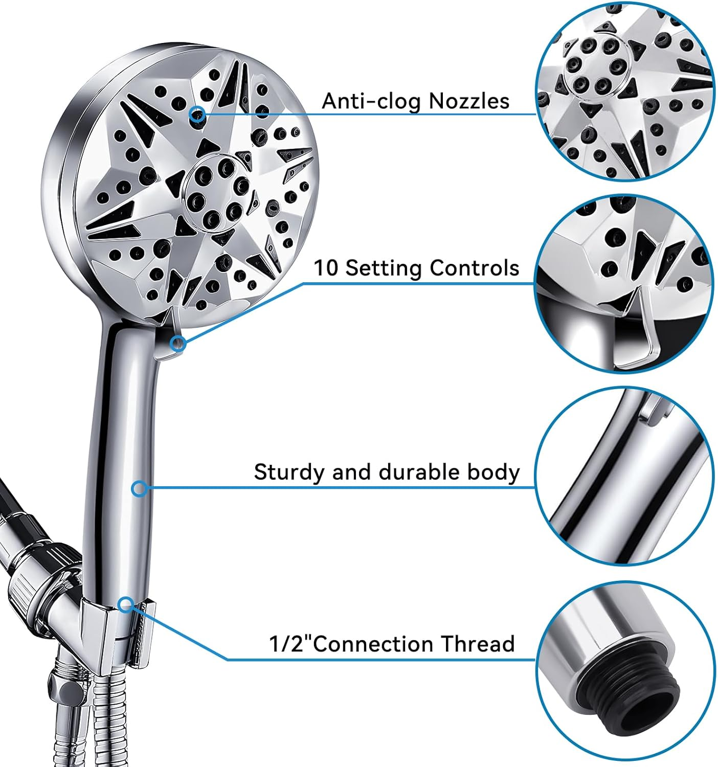 Kovizen Shower Head,10 Functions High Pressure Shower Head,15-Stage Water Filtration - Anti-Clog Nozzles,Large Filtered Shower Head for Tubs Tiles Walls Pets Cleaning image number 1