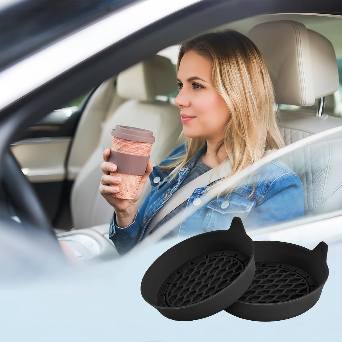 4PCS Car Cup Holder Coasters, Silicone Non-Slip Vehicle Cup Recessed Mats, Sift-Proof Automotive Interior Drink Insert Decor Accessories, Universal for SUV, Sedan, Truck (Black) - Apricot image number 7