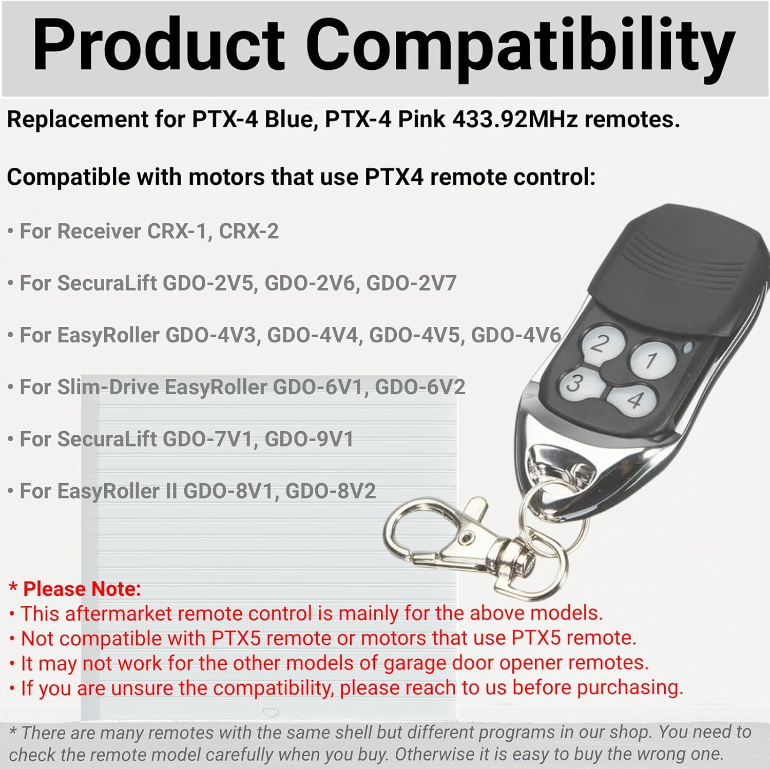 Gate/Garage Remote for PTX4 PTX-4 Garage Door Remote, Work for GDO-2V5 2V6 2V7 4V3 4V4 4V5 4V6 6V1 6V2 7V1 Openers, 433.92Mhz Rolling Code 4-Channel Transmitter (Black, 1 Pack) image number 2