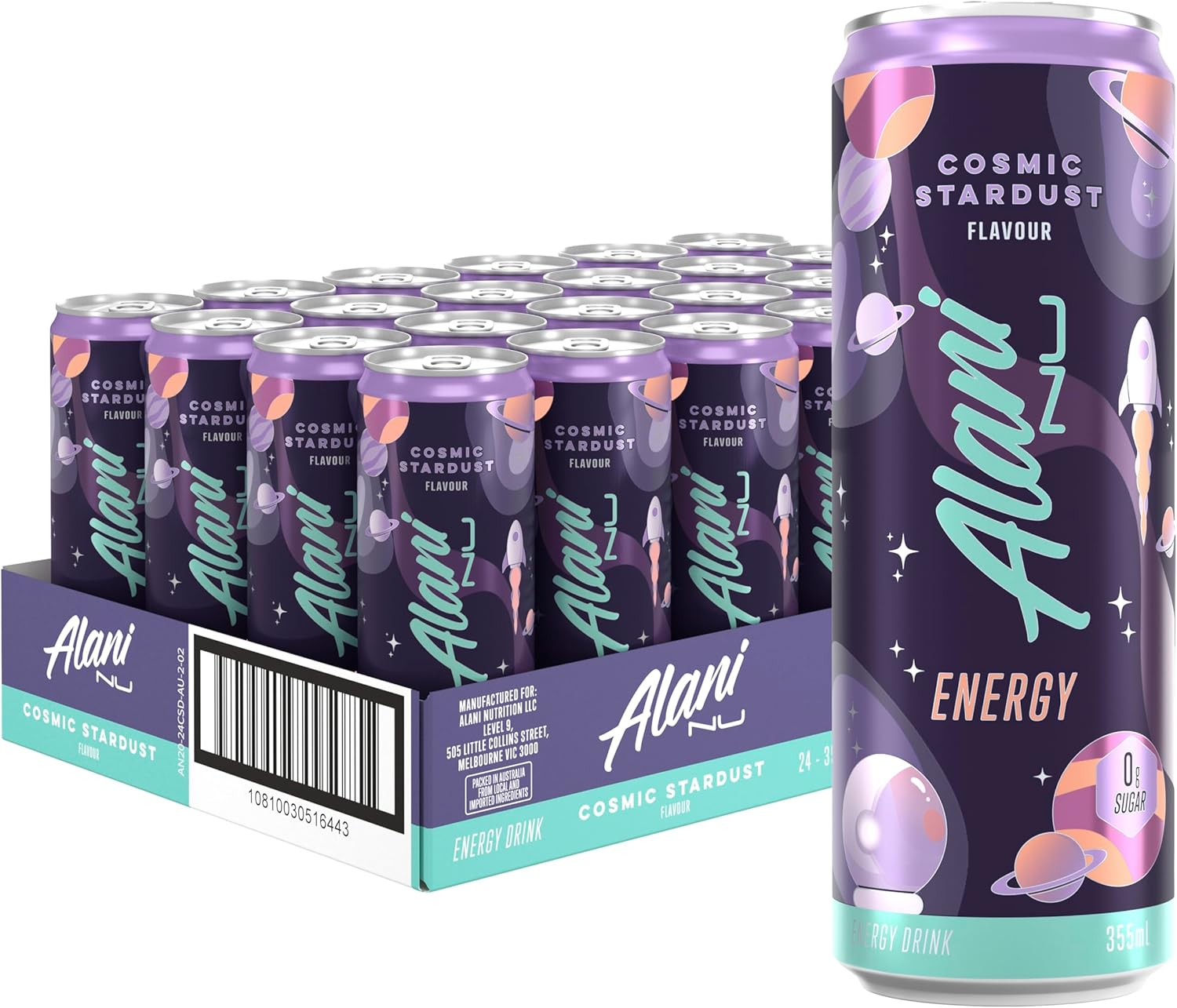 Alani Nu COSMIC STARDUST Sugar-Free, Low Calorie Energy Drinks | 110Mg Caffeine | Zero Sugar | 15 Calories or Less | 355 Ml Cans (24 Pack)