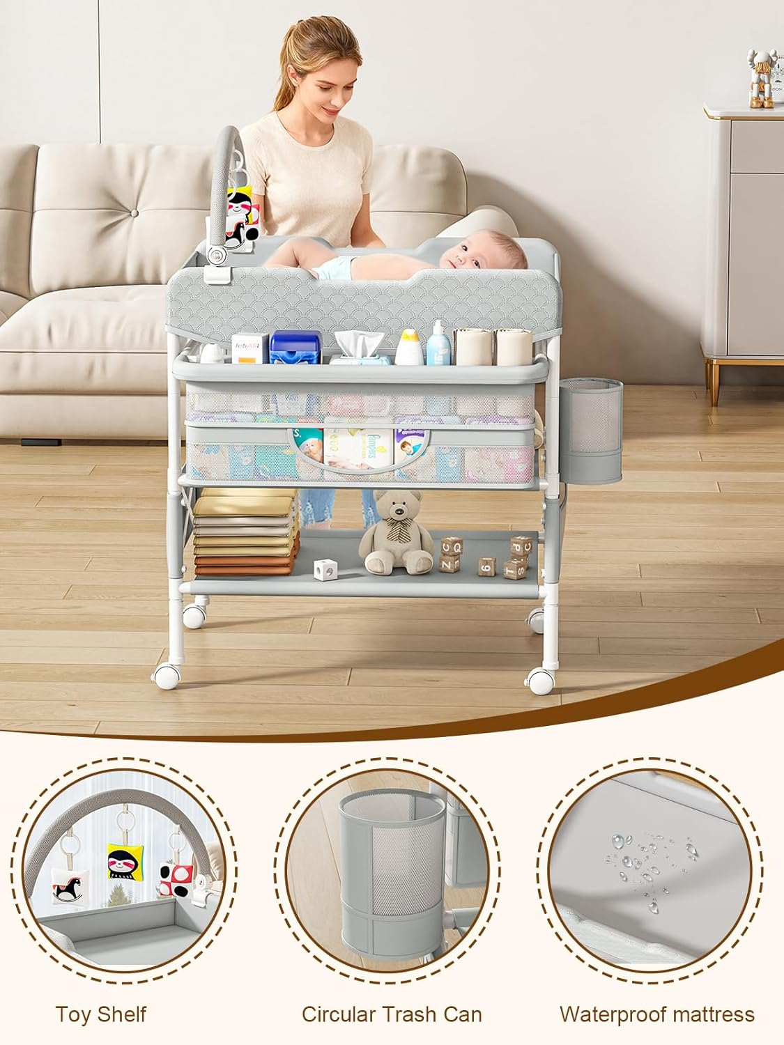Baby Changing Table with Drawers, Waterproof Versatile Folding Diaper Changing Station with Storage, Adjustable Height, Portable Diaper Chang Ing Station, Mobile Nursery for Infant and Newborn image number 6
