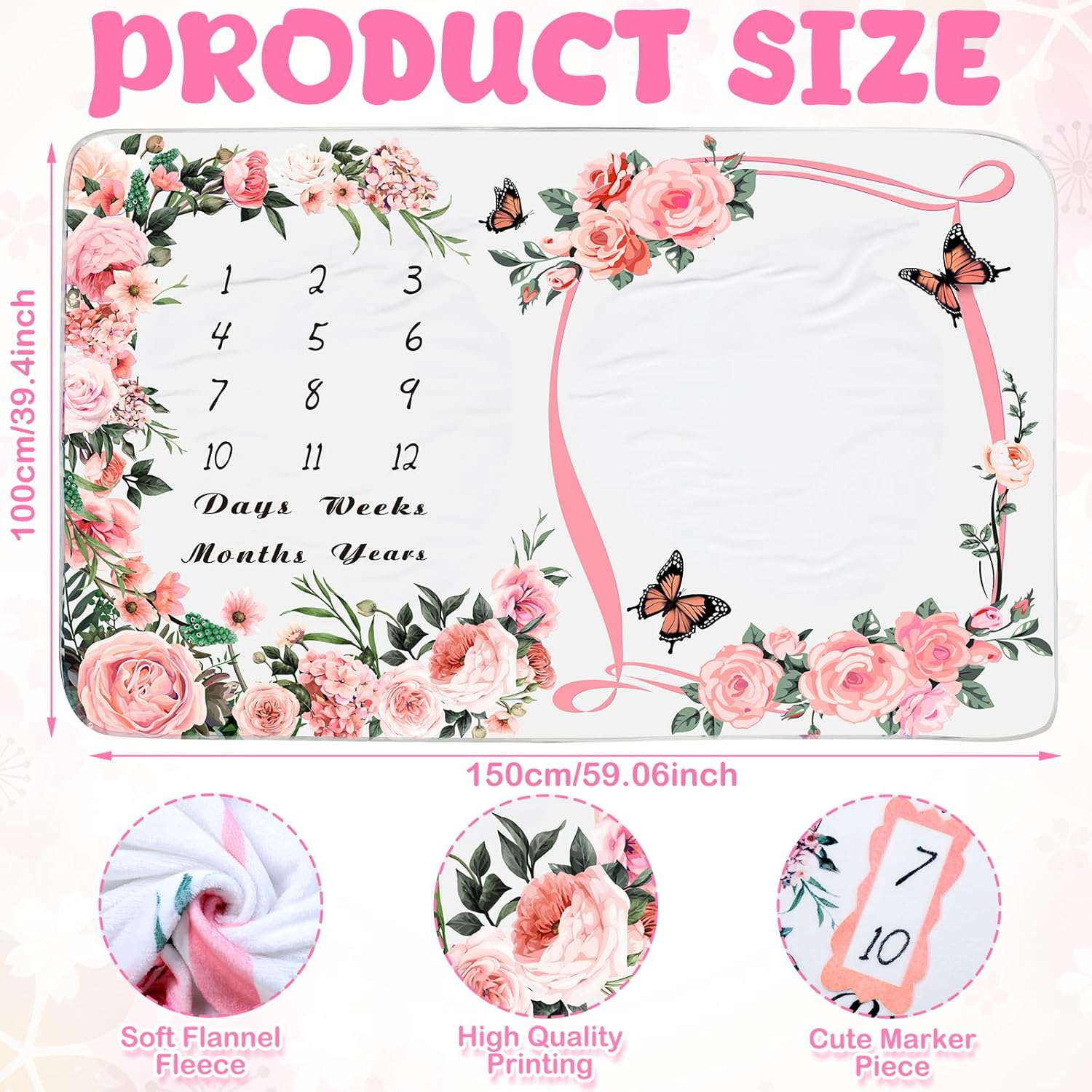 Chumia Baby Monthly Milestone Blanket - Floral Butterfly Design, Pink, 39"X59" - Flannel, Single Layered, Baby Milestone Blanket image number 5