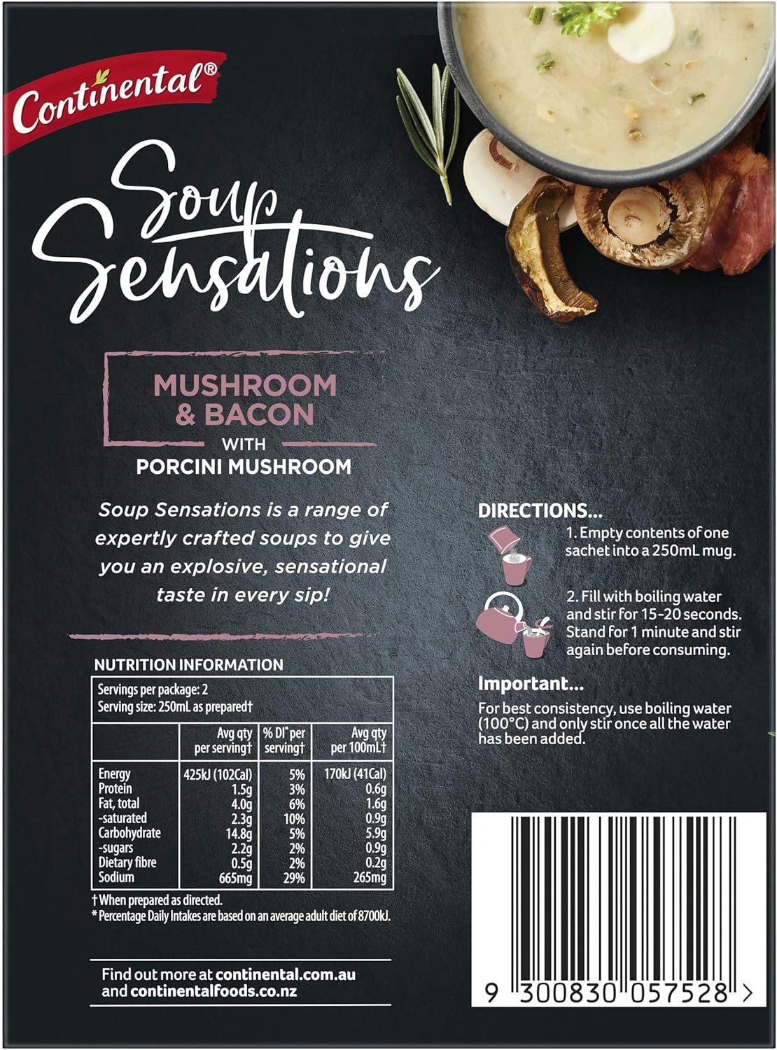 CONTINENTAL Sensations Soup | Mushroom & Bacon with Porcini Mashroom (2 Pk), 48G image number 5