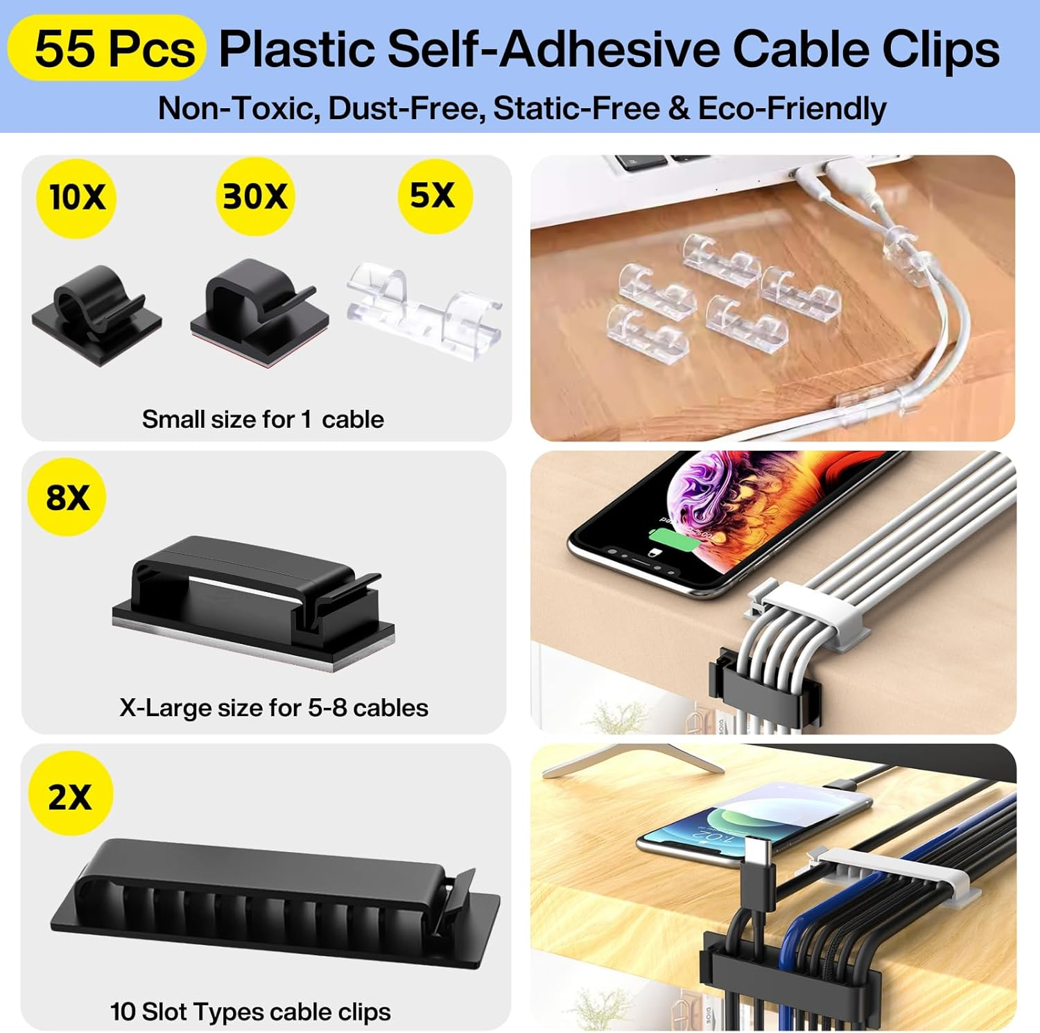 [313 Pcs] Cable Management Kit, 67 Adhesive Cable Clips, Desk Cord Organizer, 22 Reusable Cable Strap, 4 Cable Sleeve Split, 200 Nylon Cable Zip Ties with 20 Mounts for TV Office Home, Black image number 1