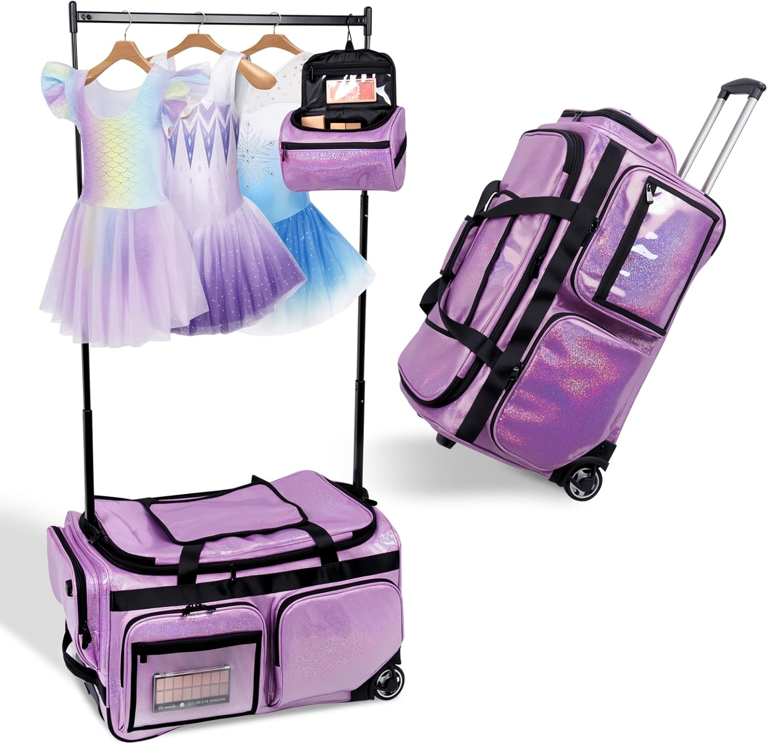 Advwin 3-In-1 Rolling Dance Bag with Instant Changing Design, Portable Garment Rack & USB Light Glitter Performance Duffel for Dancers