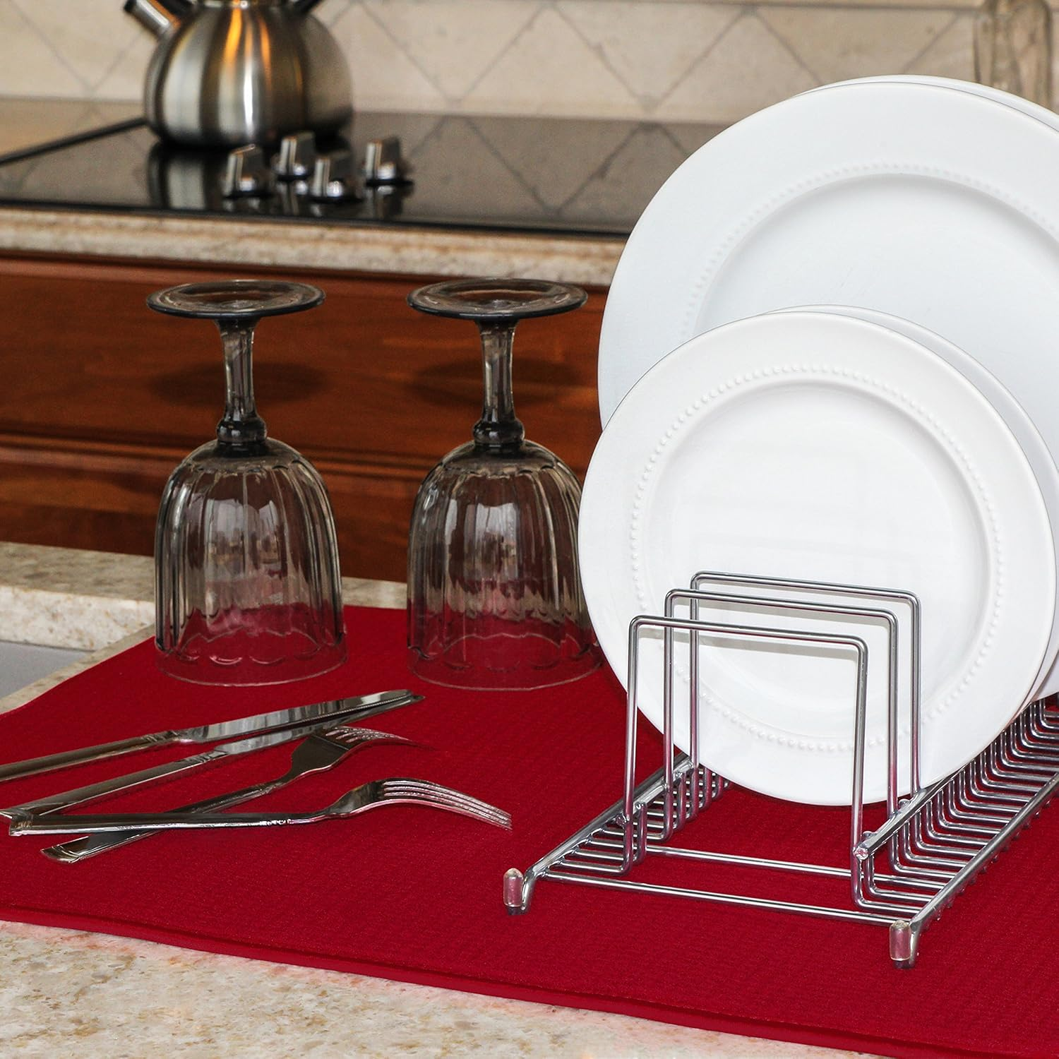 S&T 497500 Microfiber Dish Drying Mat, X-Large, 18 by 24-Inch, Grey/White Trellis, Racer Red, X-Large