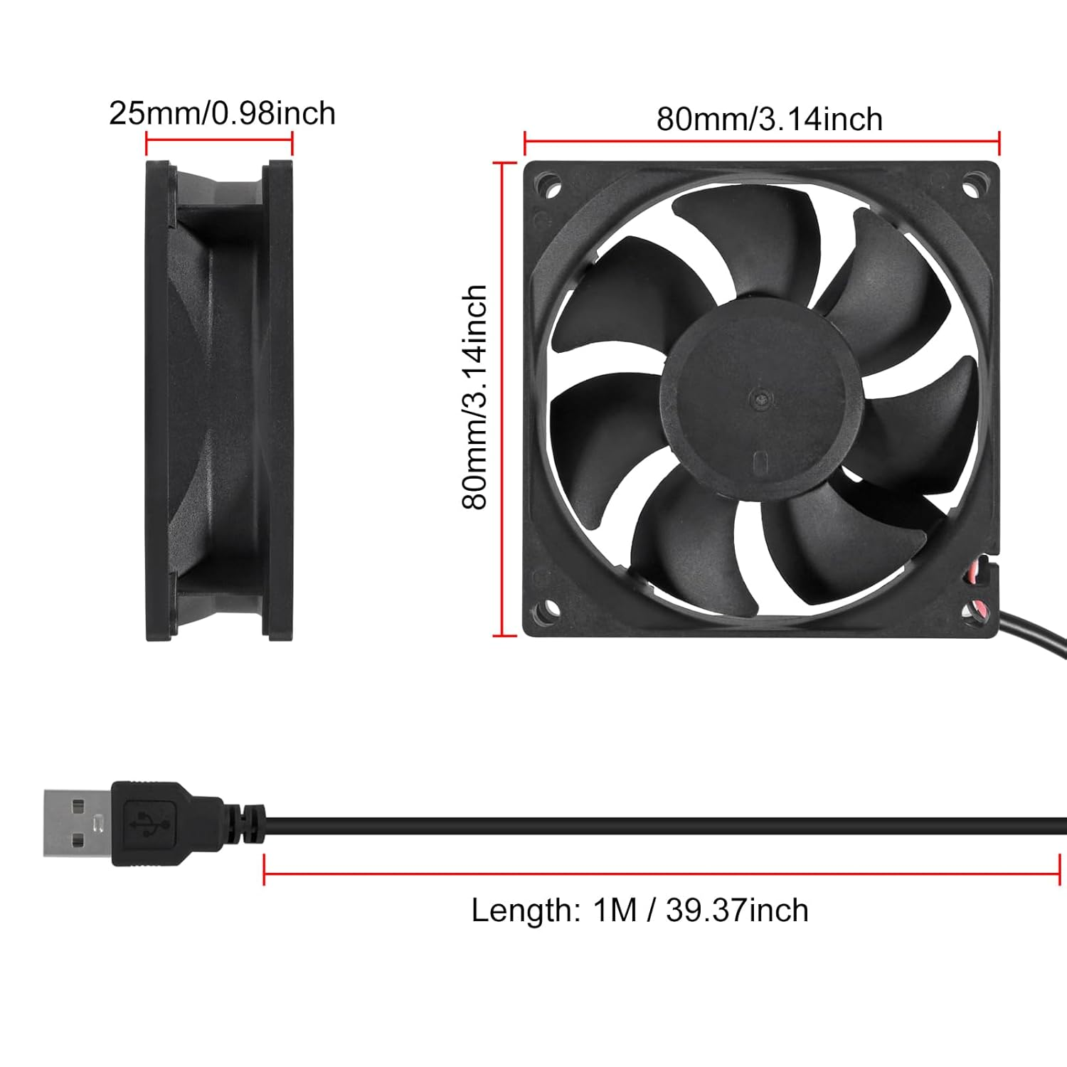 2Pcs USB Fan DC 5V 8025 80MM Cooling Fan 80X80X25Mm USB Cooling Fan Comptuter Case CPU Cooling Fan Laptop with Metal Grill