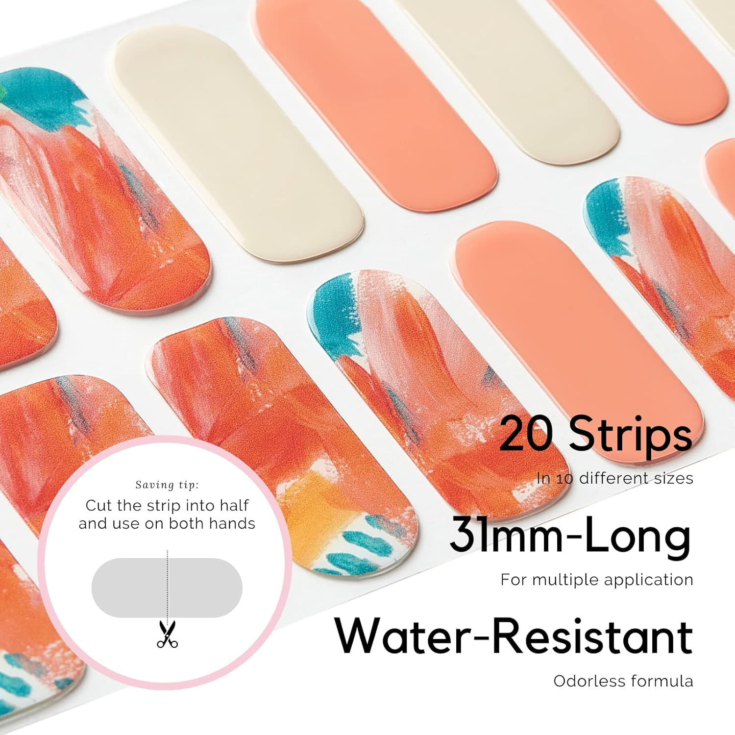 NAILOG Semi Cured Gel Nail Strips (20 Extra Long Nail Stickers) | Glossy & Long Lasting Soft Gel Finish Nail Wrap| Orange & White | Masterpiece image number 3