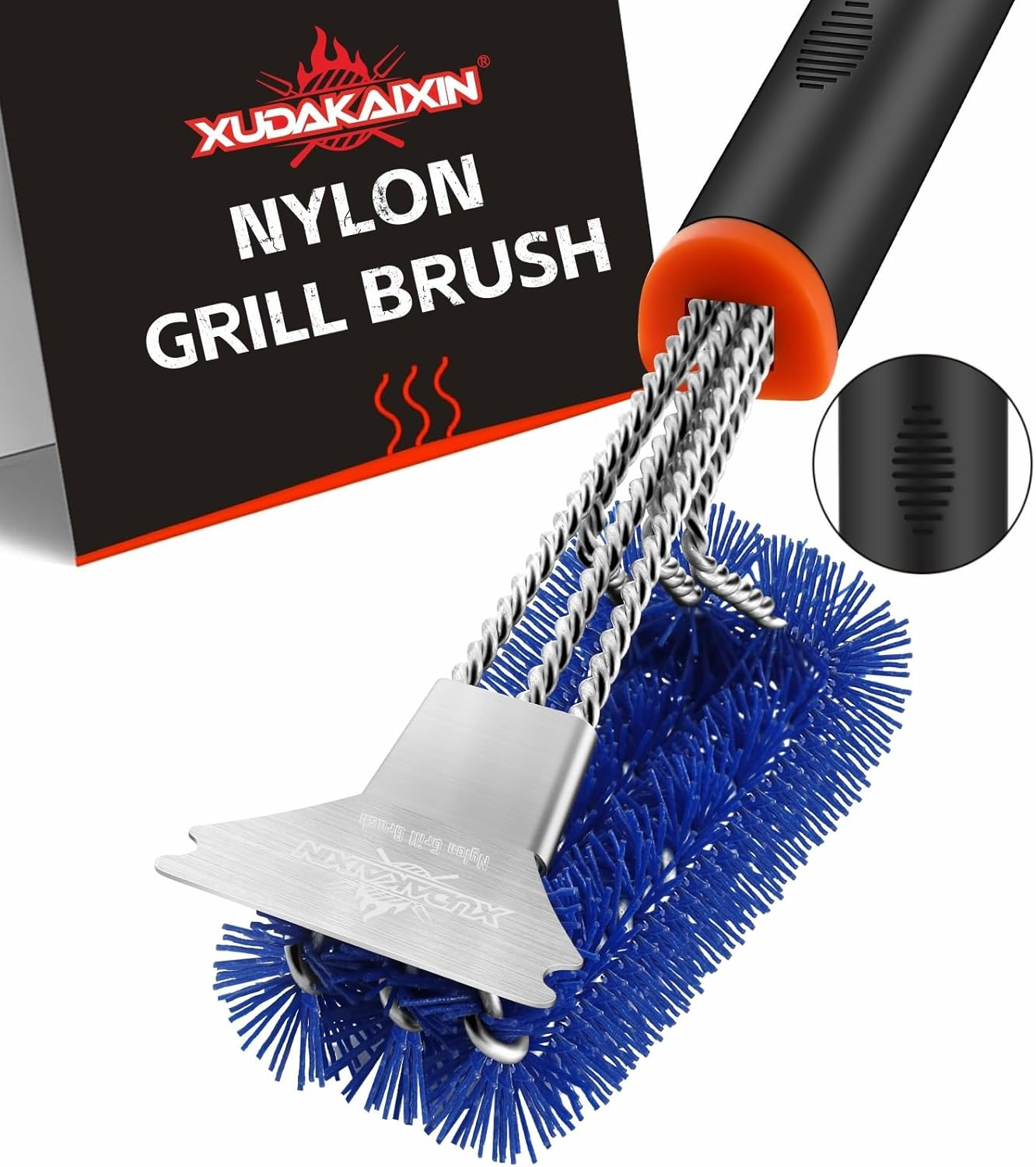 Grill Brush and Scraper, Safe Nylon Bristles Barbecue Triple Scrubbers Cleaning Brush for Cast Iron Grates/Porcelain/Weber Gas/Charcoal Grill，Extra Strong BBQ Cleaner Accessories (Red)