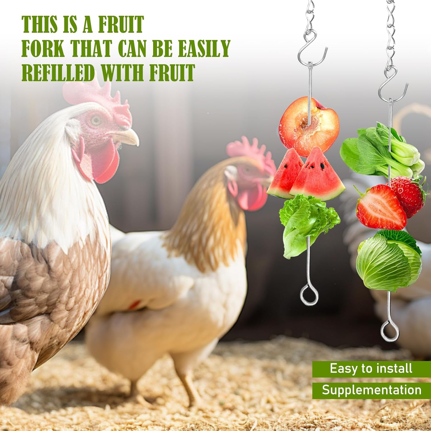 Pack of 2 Chicken Feeder for Hanging, Chicken Accessories, Toy, Fruit Fork Made of Stainless Steel for Chicken with Hook, Automatic Feeder for Chicken Vegetable Skewer, Bird Vegetable Skewer image number 1