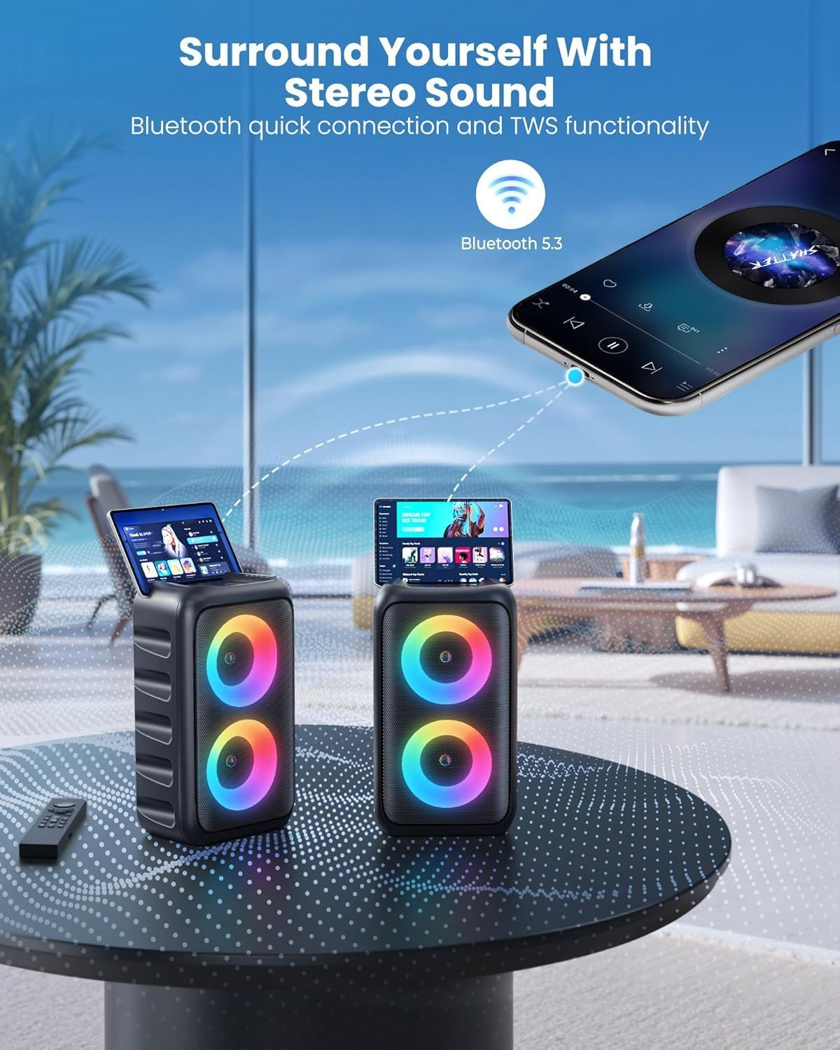 YLL Karaoke Machine, Portable Bluetooth Karaoke Speaker with 2 Wireless Microphones for Adults Kids, PA System with Colorful Lights, Supports TWS/AUX/USB/TF Card, Christmas Gifts for Home Party image number 5