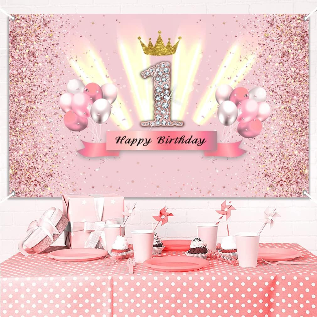 1St Birthday Decorations Party Decor for Girls Fabric Sign Poster Backdrop Banner Party Supplies Glitter Pink, 59"X35.4