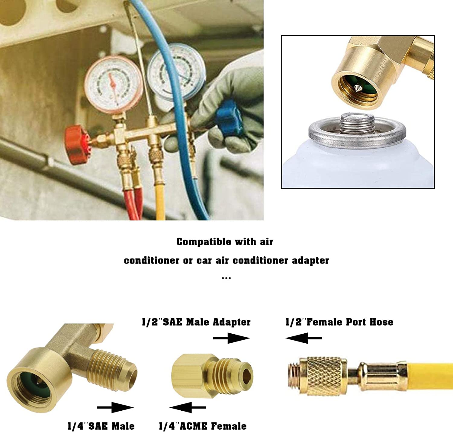 Emagtech Can Tap Refrigerant Dispenser Valve Bottle Opener with Tank Adapter Thread 1/4" SAE and 1/2" AC-ME for R134A R12 AC Charging Hose Air Conditioner Manifold