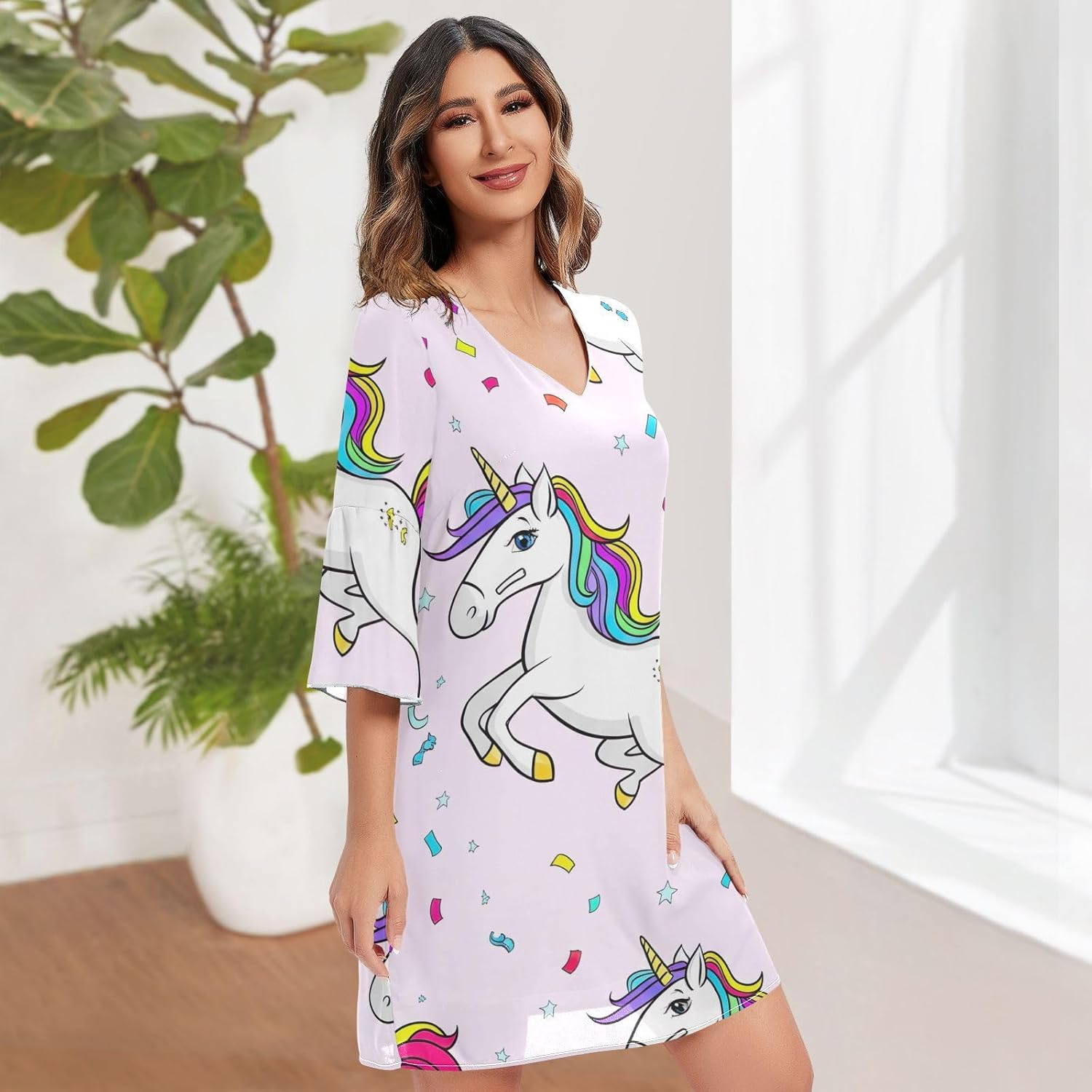 Playful Unicorn Pastel Purple Ladies Chiffon Dress Printed Maternity Dress Party S-XXL image number 1