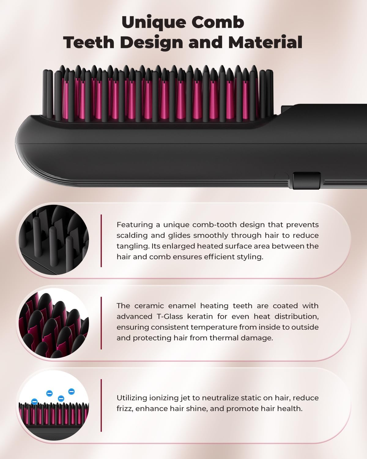 CARER SPARK Wireless Straightening Brush, Portable Mini Hair Brush for Travel with Millions of Negative Ions, Ultra-Long Working Time of 80 Minutes, 9 Temperature Levels, 150&deg;C - 230&deg;C