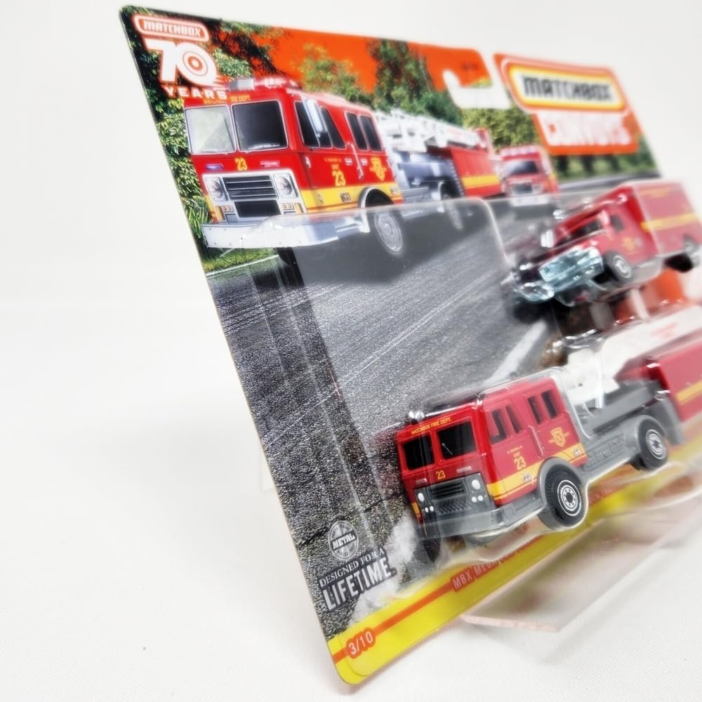 Collectible Die-Cast Matchbox Convoys Truck and Trailer Playset - MBX Mega Ton Firetruck with Trailer and International Workstar Ambulance image number 2